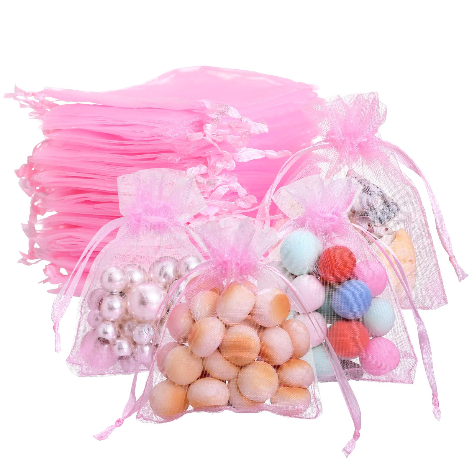 120-Piece Mini Sheer Organza Drawstring Bags 2.7x3.5 Inch - Pink Jewelry Gift Pouches for Wedding Favors, Party Candy, Jewelry Storage & Small Item Organization