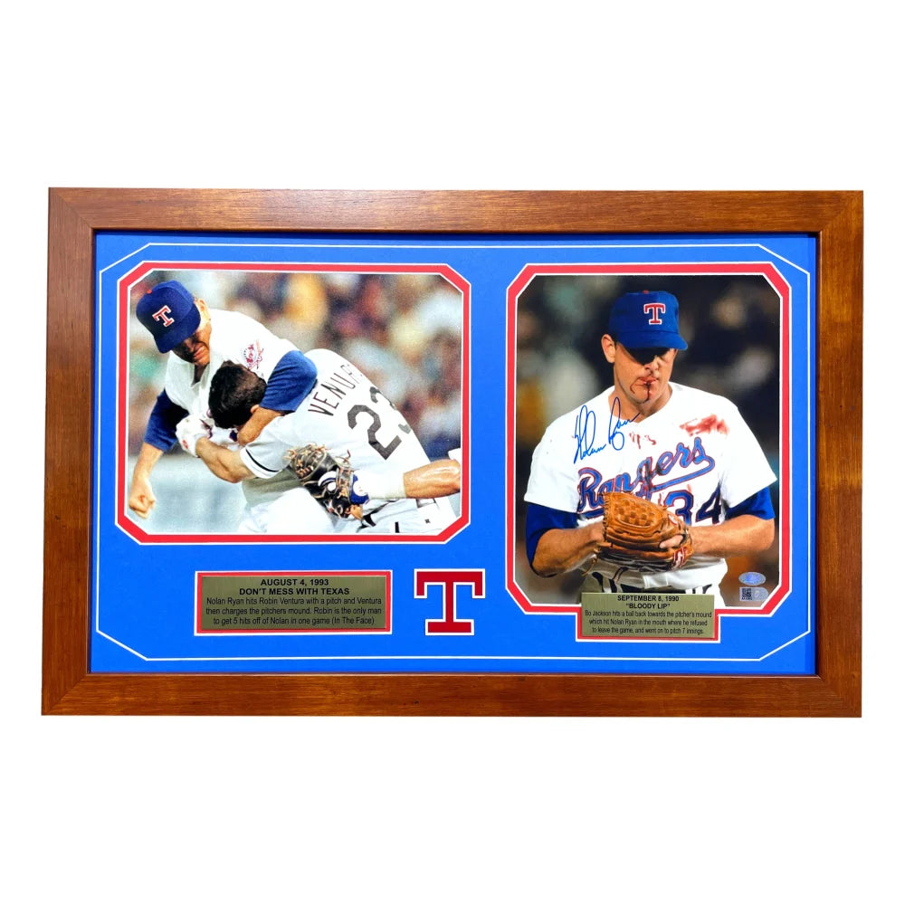 Nolan Ryan Autographed 8x10 Dual Photo Frame with Bloody Lip & Fight Scene - Includes COA & Player Hologram - Texas Rangers Memorabilia - Perfect for Sports Fans, Collectors & Man Cave Decor