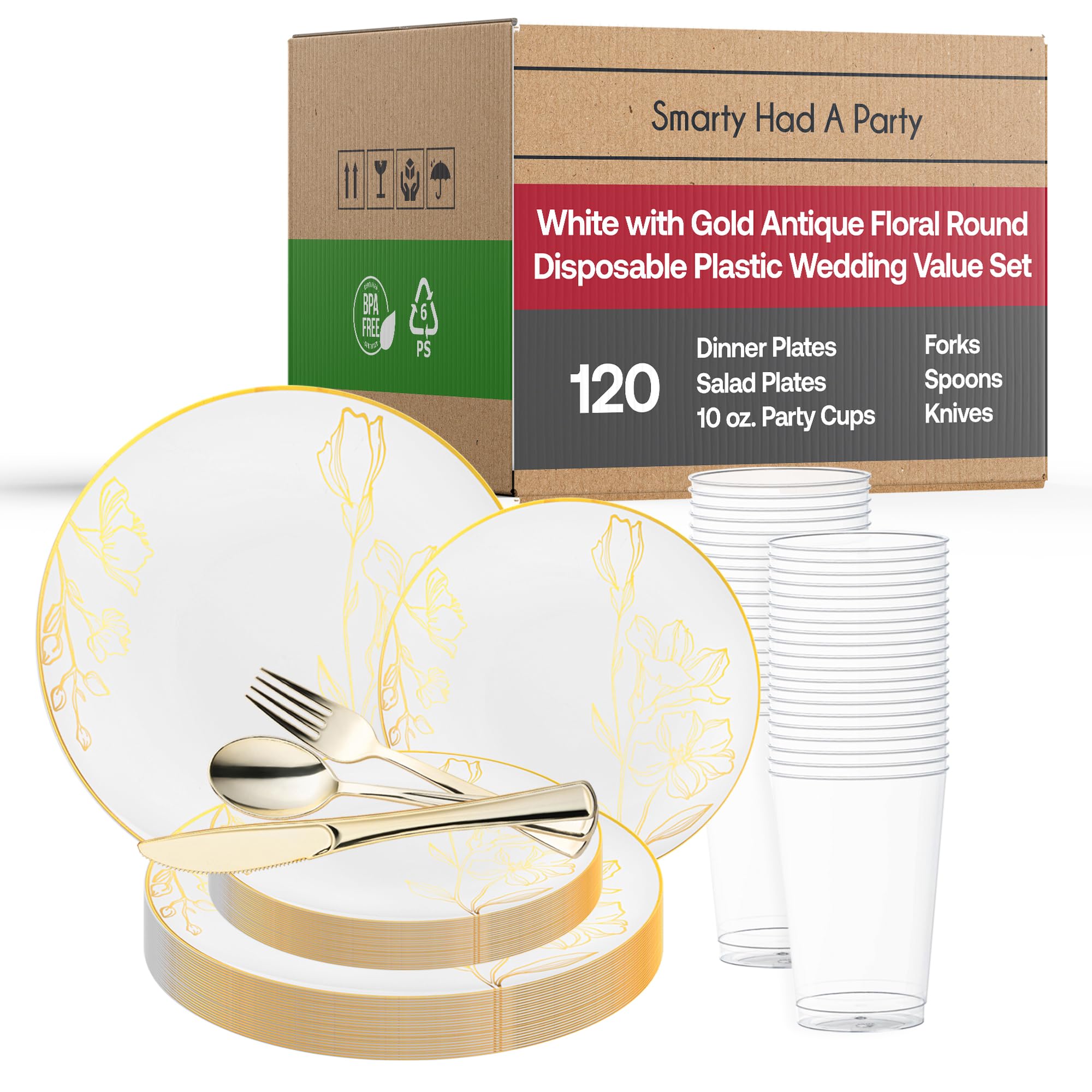 Smarty Had A Party Disposable Plastic Plates - Vintage Floral Design Heavy Duty Dinnerware Set for Wedding & Birthday (White with Gold, 120-Piece Wedding Value Pack) - Perfect for Outdoor Parties, Bridal Showers & Special Events