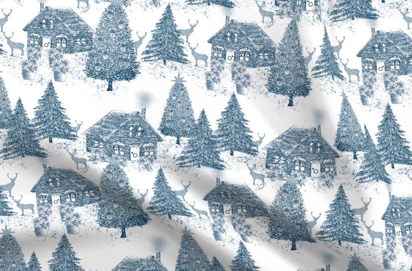 Christmas Village Toile Fabric - White & Blue Deer Snow Print on Organic Cotton Sateen by The Yard | Perfect for Sewing, Quilting, Apparel & Home Decor | Holiday Tablecloths, Curtains & DIY Christmas Crafts