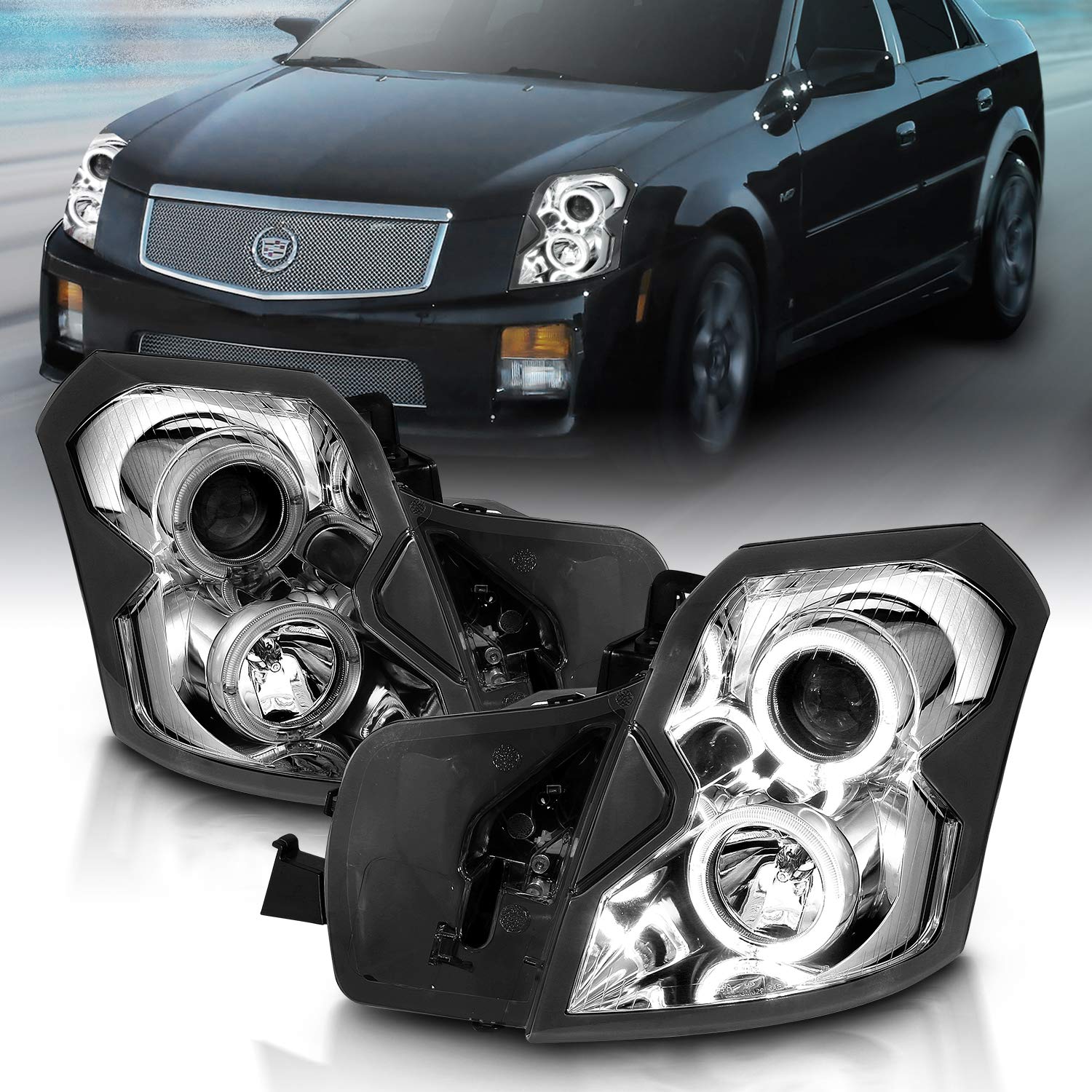 2003-2007 Cadillac CTS LED Halo Projector Headlights - OE Chrome Replacement Pair (Driver & Passenger Side) - Bright White Light for Night Driving & Enhanced Style