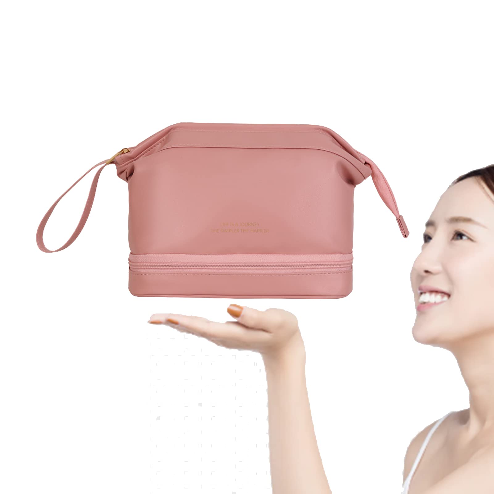 Large Leather Makeup Bag for Women - Double Layer Travel Cosmetic Organizer with Roomy Storage, Portable Toiletry Bag for Girls (Pink) - Perfect for Travel, Gym, and Daily Beauty Essentials