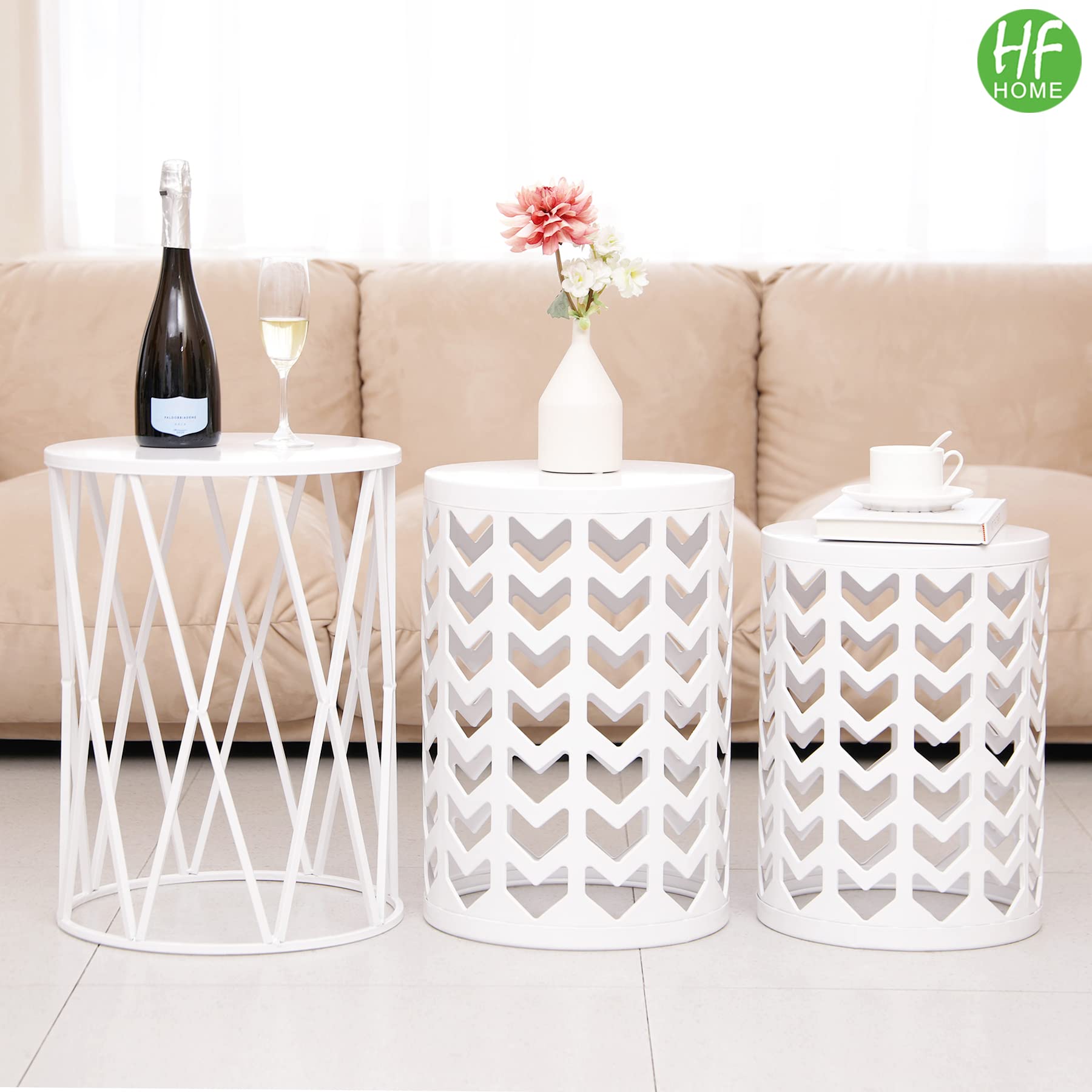 HFHOME Set of 3 Metal Side Tables - Round Nesting Coffee Tables & Nightstands for Living Room, Bedroom, Patio - Heavy Duty Indoor/Outdoor Metal Plant Stand & Garden Stool - Pure White (US Shipping) | Perfect for Small Spaces, Coffee Corner & Outdoor Seating