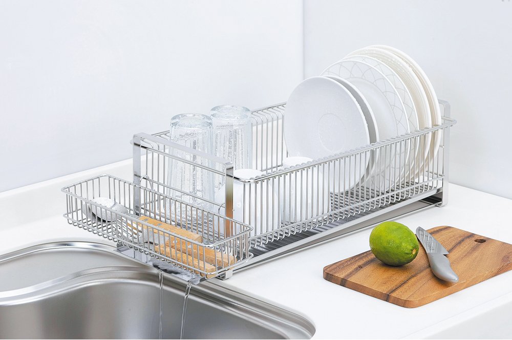 Shimomura Kihan 35729 Tsubame Sanjo Slim Stainless Steel Drainer Rack with Chopsticks Rest - Horizontal Stand for Kitchen Countertop - Made in Japan - Perfect for Drying Dishes, Utensils & Chopsticks After Washing