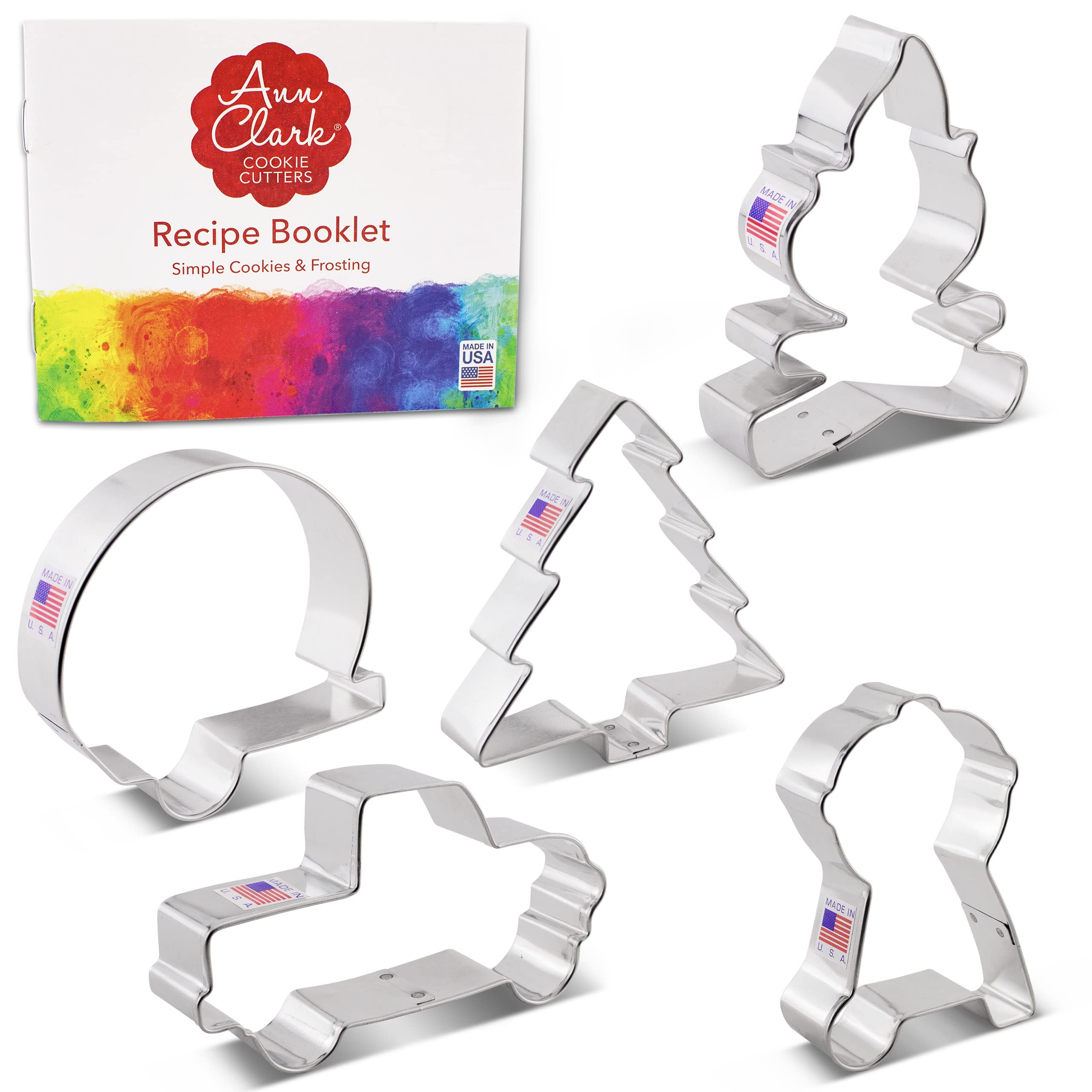Ann Clark USA-Made Camping Cookie Cutters Set - 5-Piece Camper, Campfire, Vintage Truck, Grill & Pine Tree Shapes - Perfect for Outdoor-Themed Baking, Birthday Parties & Holiday Treats