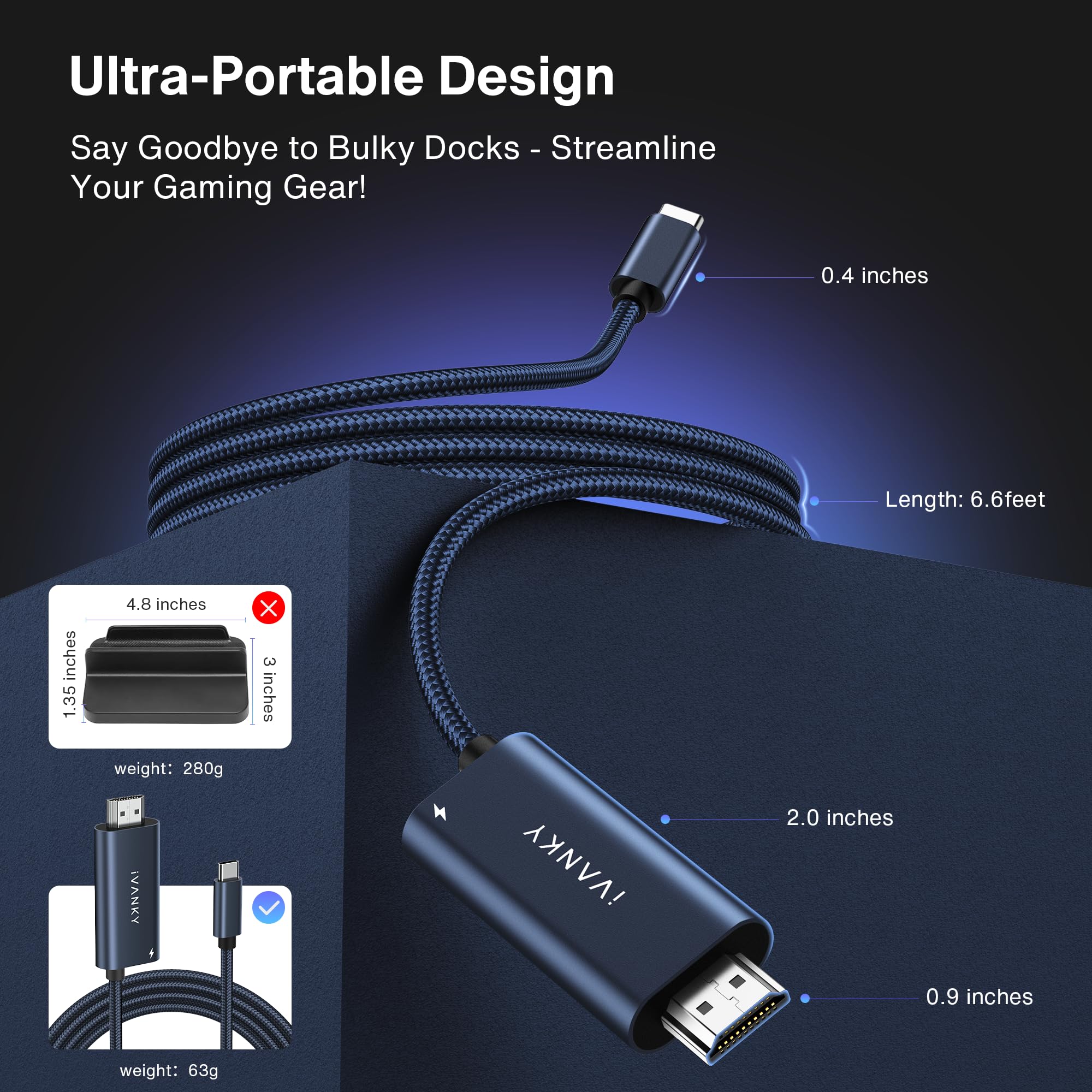 IVANKY 2-in-1 USB C to HDMI & 100W PD Charging Dock for Steam Deck OLED/ASUS ROG Ally X/MSI Claw - 4K@60Hz Nylon Braided Portable Travel Adapter for TV Screen Mirroring & Gaming (Midnight Blue) - Perfect for Home Entertainment & Mobile Gaming Setups