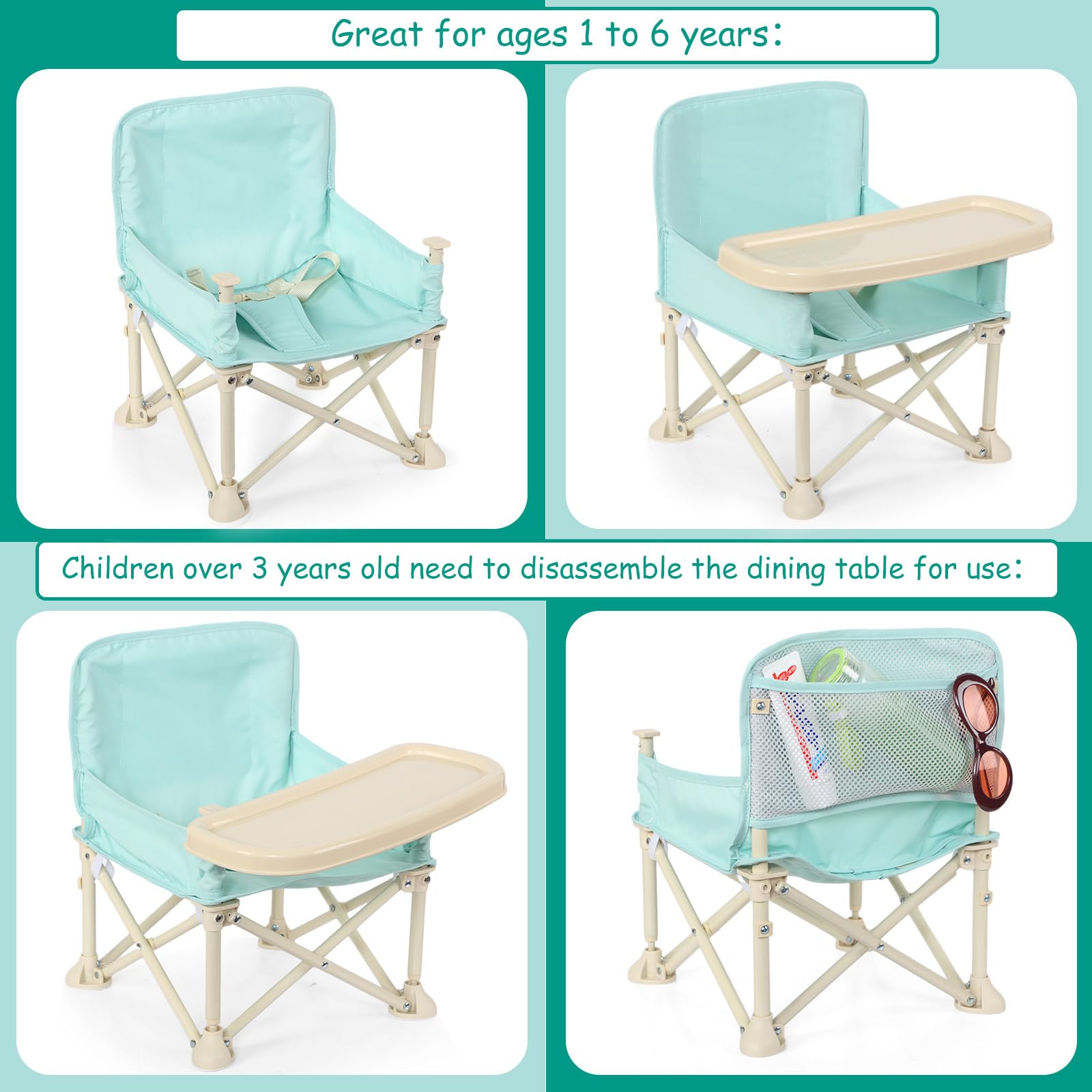 Suzile Portable Baby Beach Chair with Umbrella - Foldable Travel Booster Seat with Tray & Storage Bag - Lightweight Outdoor High Chair for Dining, Camping, Picnics & Beach Trips