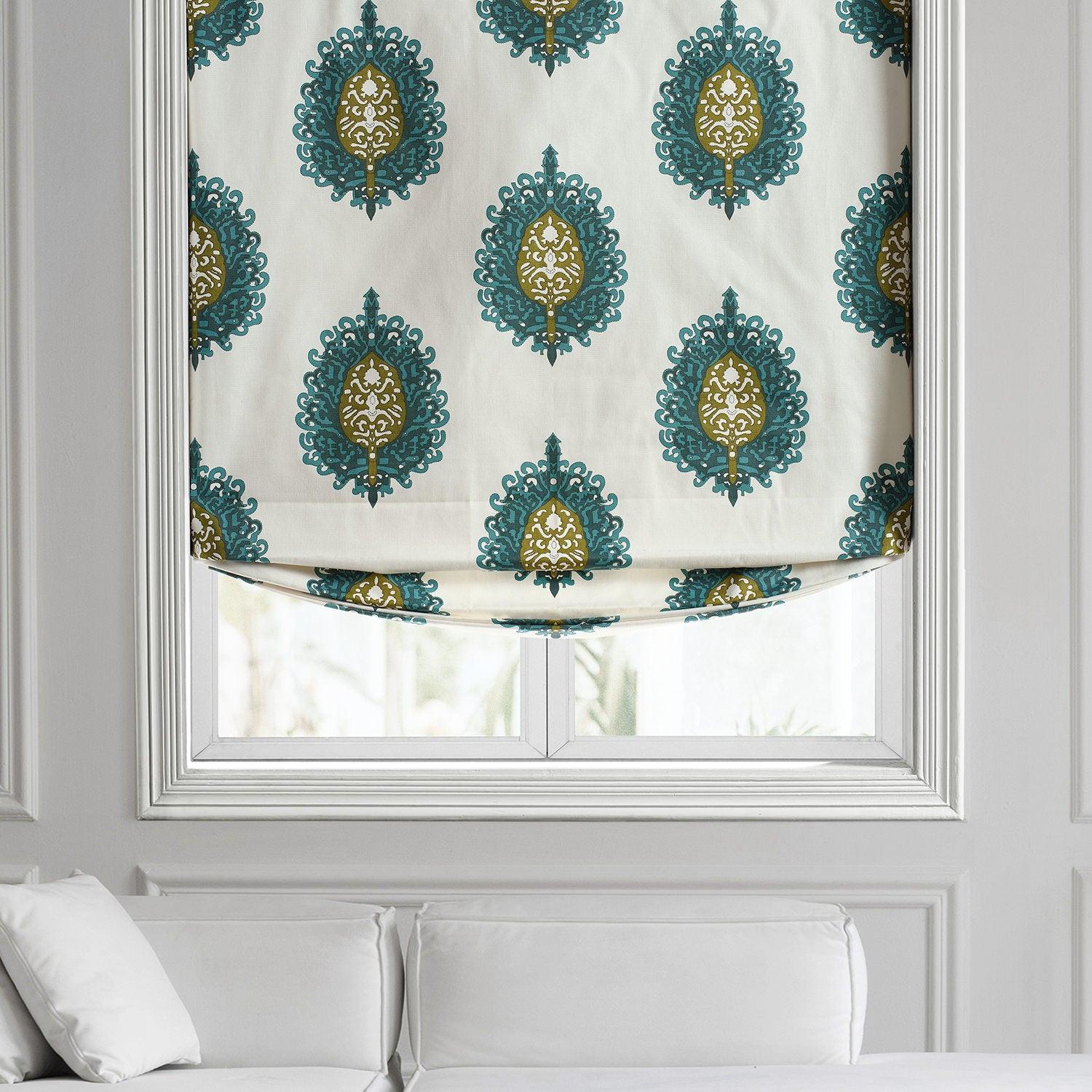 Mayan Teal Emblem Printed Cotton Roman Shade - Handmade Window Treatment for Living Room, Bedroom & Office | Light Filtering & UV Protection