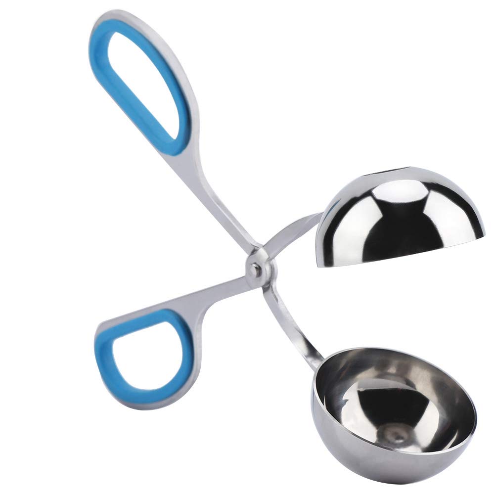 Non-Stick Stainless Steel Meatball Scoop & Ice Tongs - Rice Ball Maker, Cookie Scoop with Anti-Slip Rubber Handle (Blue) - Perfect for Cooking, Baking, and Ice Serving