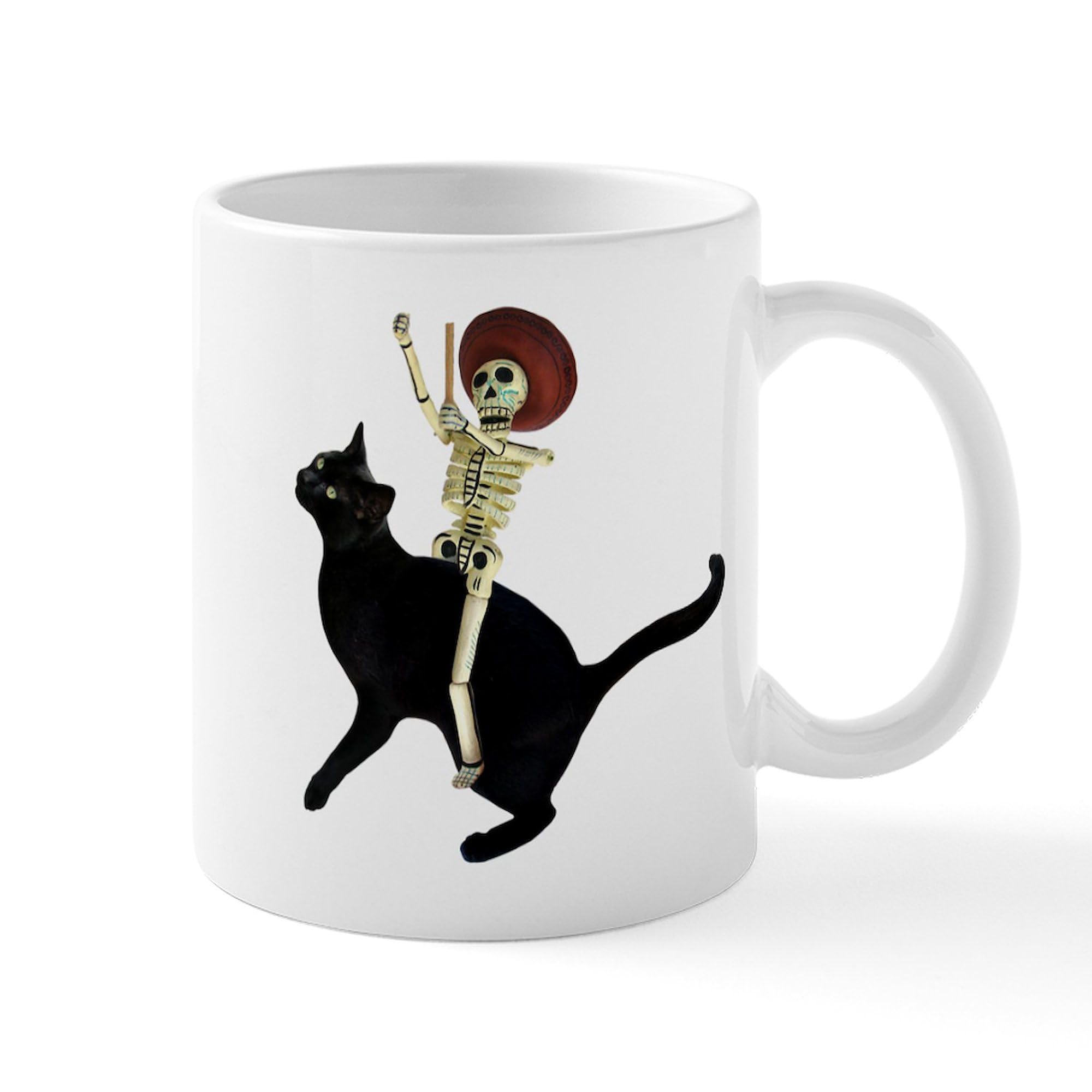 Skeleton on Cat Ceramic Coffee Mug 11 oz (325 ml) - Funny Halloween Gift for Cat Lovers, Perfect for Coffee, Tea & Hot Drinks at Home or Office