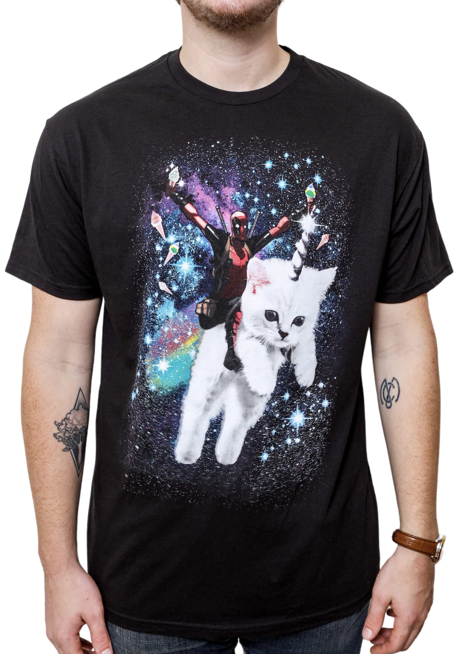 Marvel Deadpool Space Trip Unicorn Kitty Graphic T-Shirt for Men & Women - Funny Superhero Tee for Cosplay, Comic Con & Casual Wear