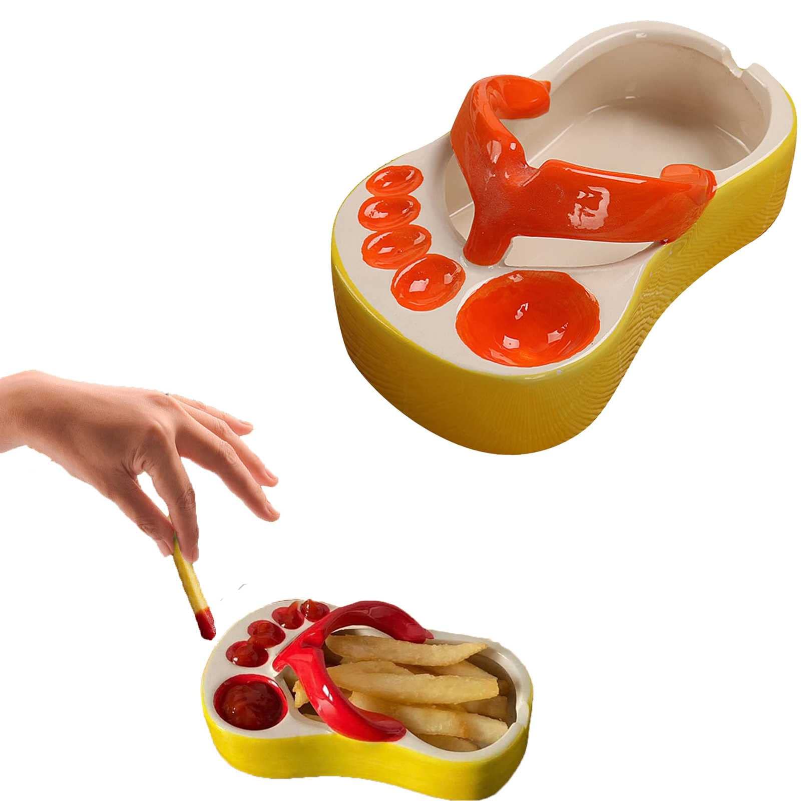 Funny Ceramic Slippers Mini French Fries Plate - Creative 5-Compartment Ashtray & Flip Flop Serving Dish - Unique Pigment Decorated Bowl for Fries, Snacks & Party Food | Perfect for Beach Parties, BBQ Gatherings & Home Decor