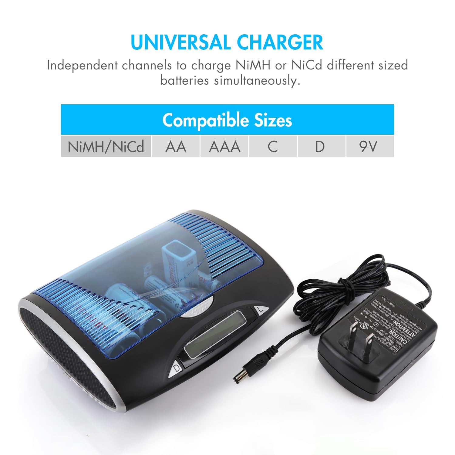 Tenergy Premium Rechargeable C Batteries 4-Pack with T9688 LCD Smart Charger for NiMH/NiCd AA/AAA/C/D/9V Batteries - Ideal for Flashlights, Toys, and Home Electronics
