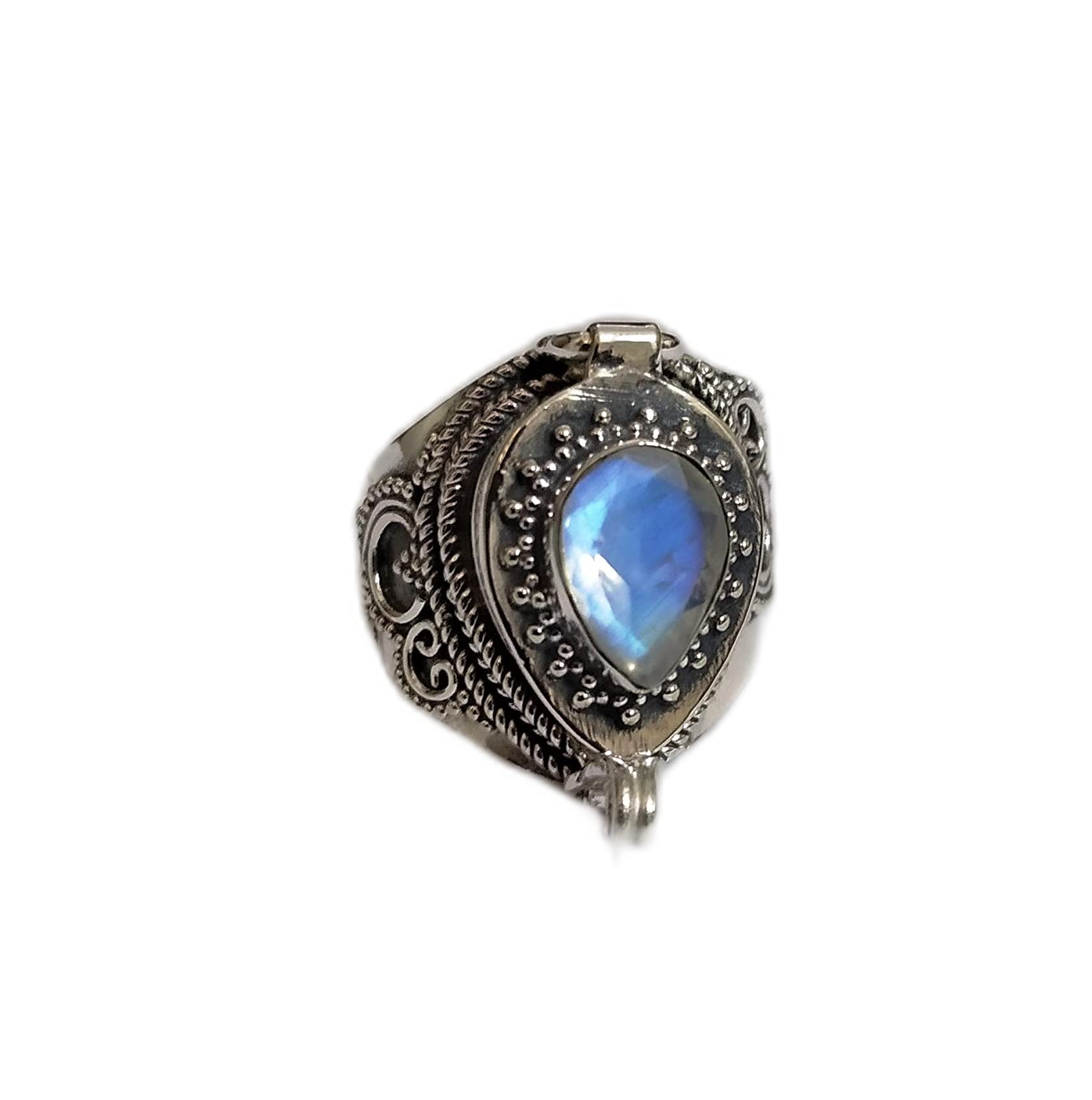 Rainbow Moonstone Poison Ring - 925 Sterling Silver Handmade Secret Box Ring with Labradorite | Adjustable Size 7.5 | Unique Mother's Day Gift, Witchy Jewelry & Gothic Fashion Accessory | Perfect for Cosplay, LARP, and Alternative Style Outfits