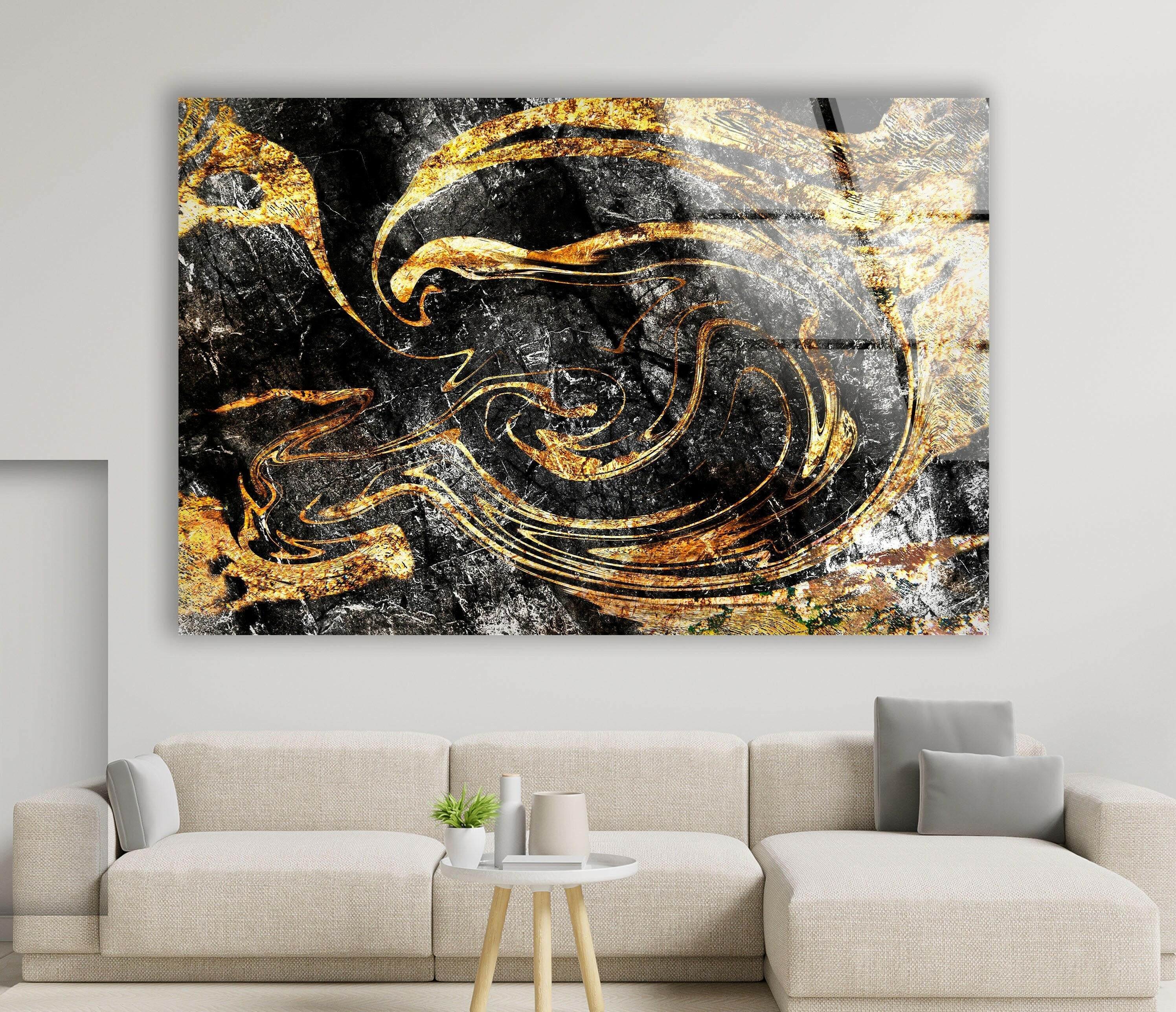 Elegant Black and Gold Marbled Glass Wall Art - Modern Home Decor for Living Room, Bedroom & Office