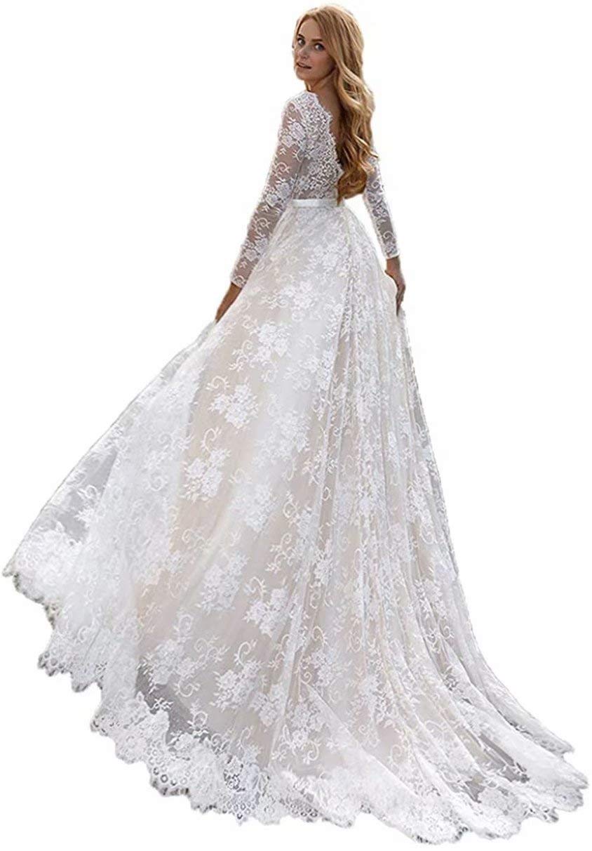 Elegant Bohemian Wedding Dresses for Women - Long Sleeve V-Neck Backless Bridal Gown for Beach, Garden & Outdoor Ceremonies
