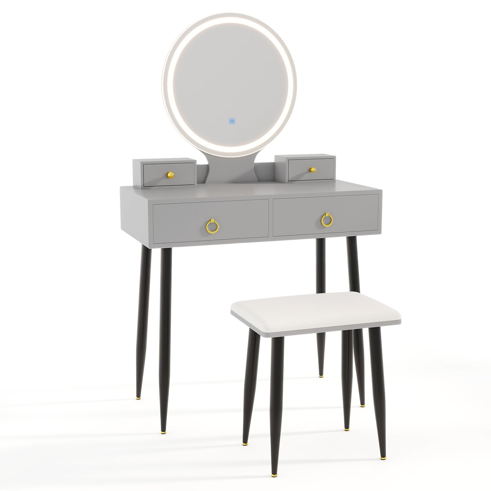 Charmaid Vanity Desk with Mirror & LED Lights - Modern Makeup Vanity Table with 4 Storage Drawers, 3 Lighting Modes & Adjustable Brightness - Gray & Black Dressing Table with Stool for Bedroom, Bathroom & Dorm Room