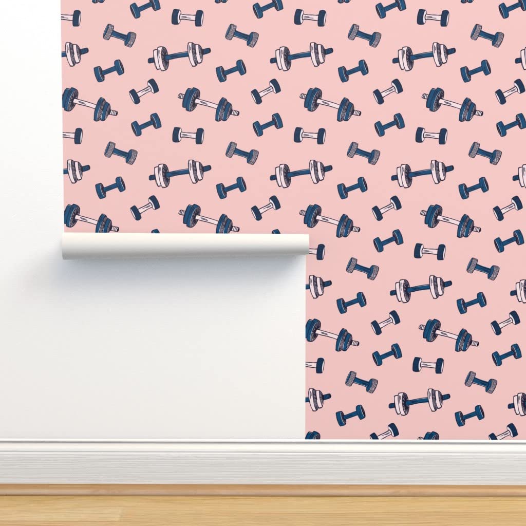 Peel & Stick Removable Wallpaper 12ft x 2ft - Blush Pink Fitness & Gym Theme for Women | Custom Sports Design by Spoonflower | Perfect for Home Gym, Bedroom, or Office Decor