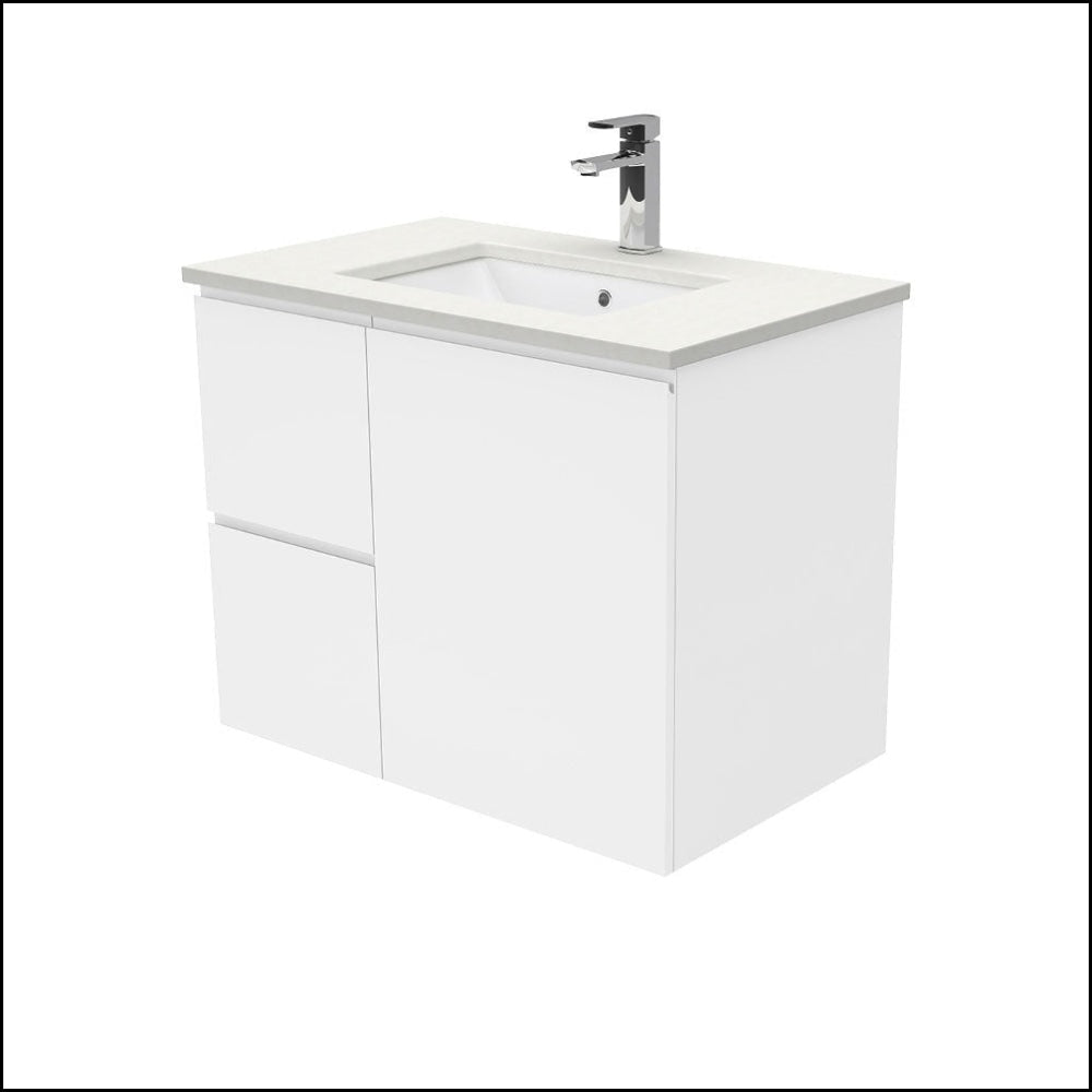 Fienza Crystal Pure 750mm Undermount Bathroom Vanity with Stone Top - SC75ZL Wall Hung Vanity Unit, Left Drawers, Fingerpull Handle, Satin White Finish | Perfect for Modern Bathrooms, Powder Rooms & Small Space Solutions