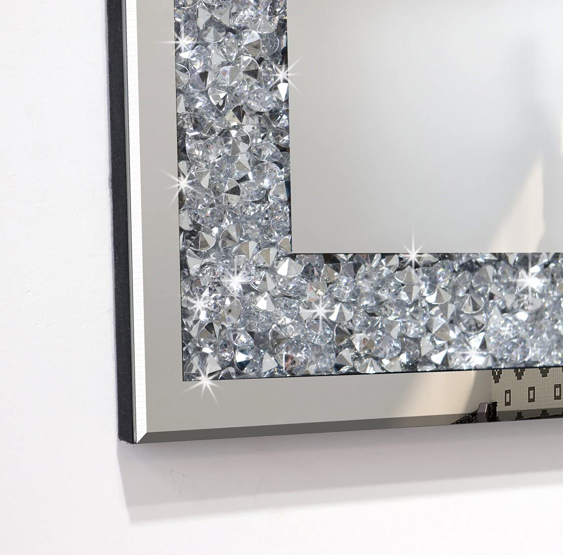 16x20 Inch Silver Crystal Crush Diamond Wall Mirror - Frameless Rectangle Decorative Mirror for Bedroom, Living Room & Bathroom - Sparkling Home Décor with Diamond Accents
