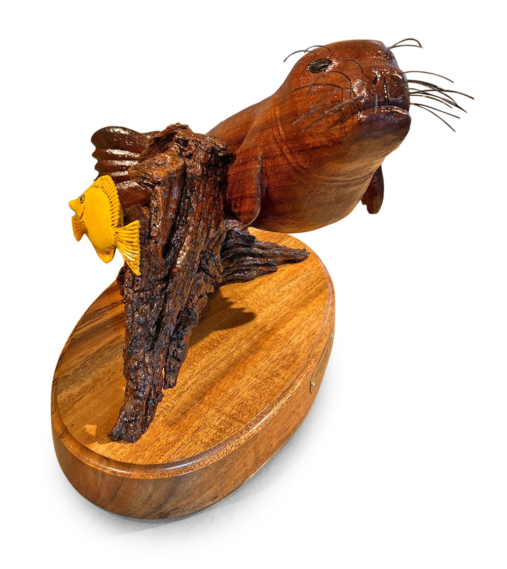 Handcrafted Koa Wood Sculpture - Hawaiian Monk Seal & Yellow Tang by Artist Craig Nichols | Unique Hawaiian Home Decor, Gift for Nature Lovers, Office Desk Art