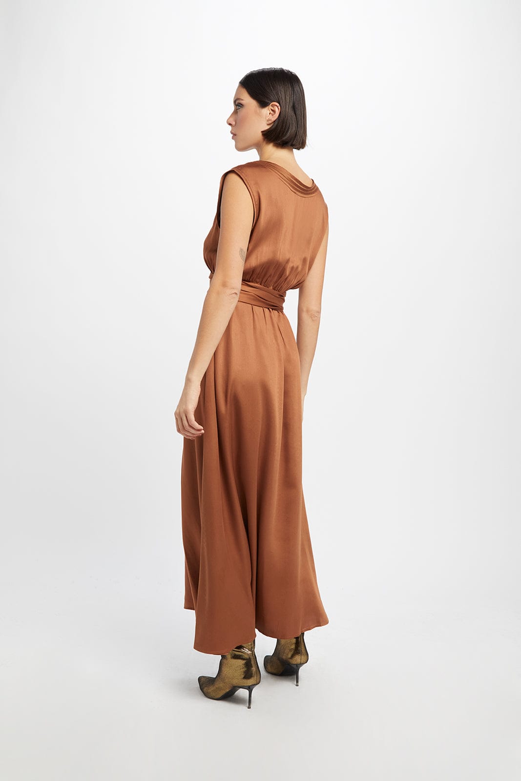 Grace Embroidered TENCEL™ Modal Vegan Midi Dress in Caramel | Sustainable Summer Dress for Women | Perfect for Beach Vacation, Brunch & Date Night
