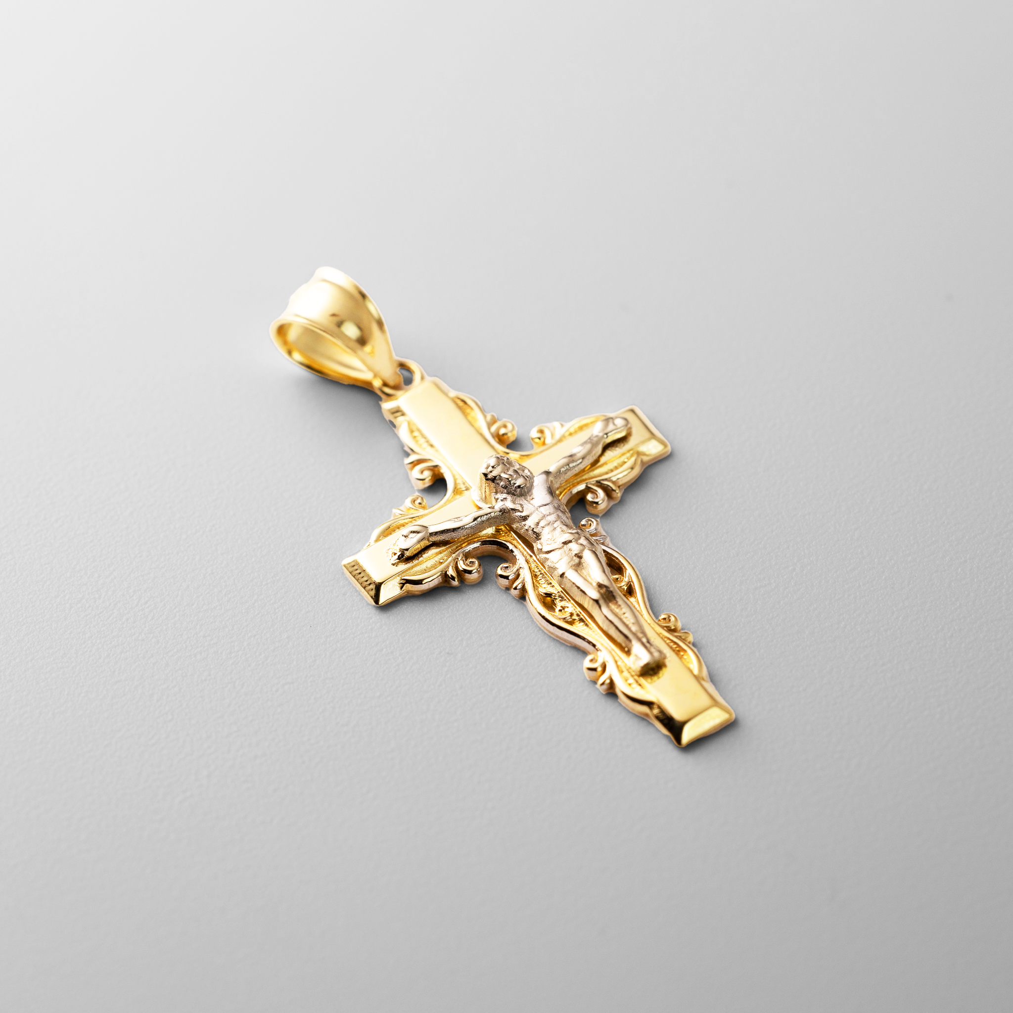 Elegant Gold Crucifix Cross Pendant with Ornate Scroll Design - Model PT0072 - Perfect for Religious Jewelry, Gifts & Everyday Wear