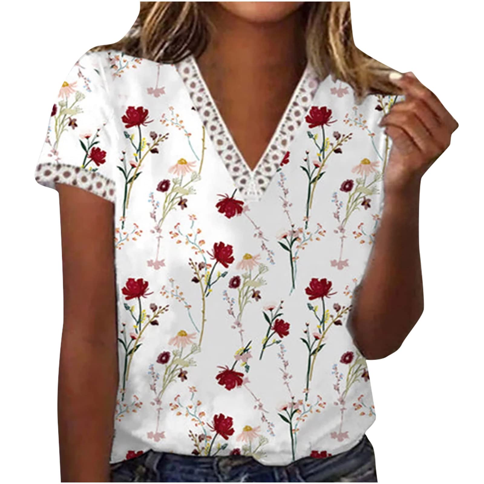 Women's Fall Floral Printed Tops - Crochet Lace Trim V-Neck T-Shirts | Casual Loose Pullover Tee for Autumn Outfits, Date Nights & Office Wear