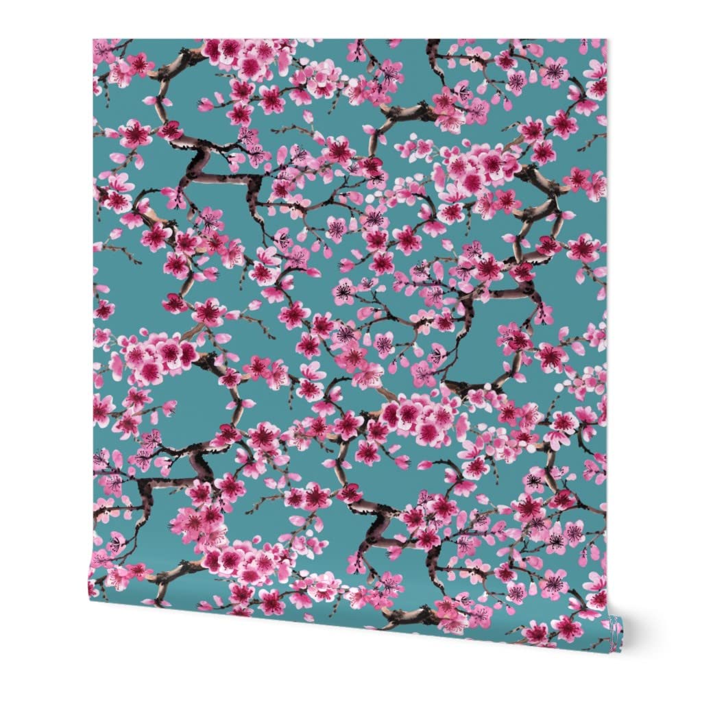 Peel & Stick Removable Wallpaper 12ft x 2ft - Turquoise Pink Floral Japanese Tree Design | Self-Adhesive Wall Decal for Bedroom, Living Room, Nursery & Office Decor