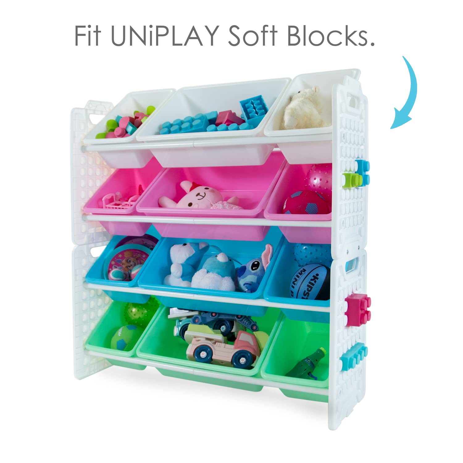 UNiPLAY 12-Bin Toy Organizer with Removable Storage Bins - Kids Book & Toy Storage for Building Blocks, School Supplies, Arts & Crafts - Sturdy Baseplate Frame (Pink) - Perfect for Playrooms, Classrooms & Daycare Centers