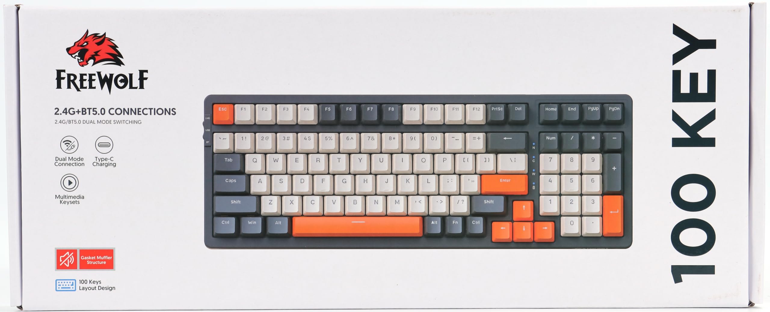 FREEWOLF K8 Wireless Mechanical Gaming Keyboard - Hot Swappable RGB Backlit, Red Switches, Bluetooth 5.0/2.4Ghz/USB-C Tri-Mode, 4000mAh Battery, US Layout for Mac/Windows (Grey/Orange) - Perfect for Gaming, Office Work & Typing Enthusiasts