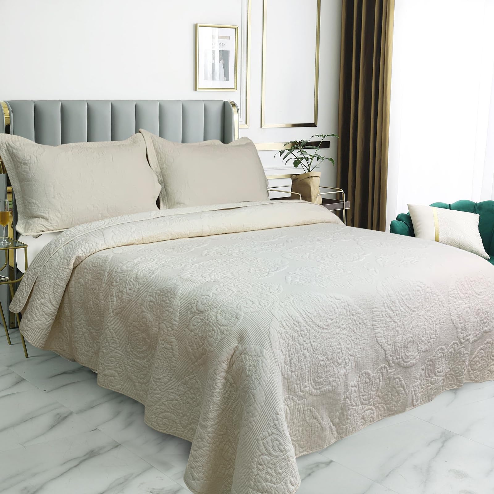 ABREEZE Luxury Beige Paisley Quilt Bedding Set - 100% Cotton Queen Size Bedspread Coverlet - Farmhouse Style Comforter Set for Cozy Bedroom Decor | Perfect for Master Bedroom, Guest Room & Vacation Homes