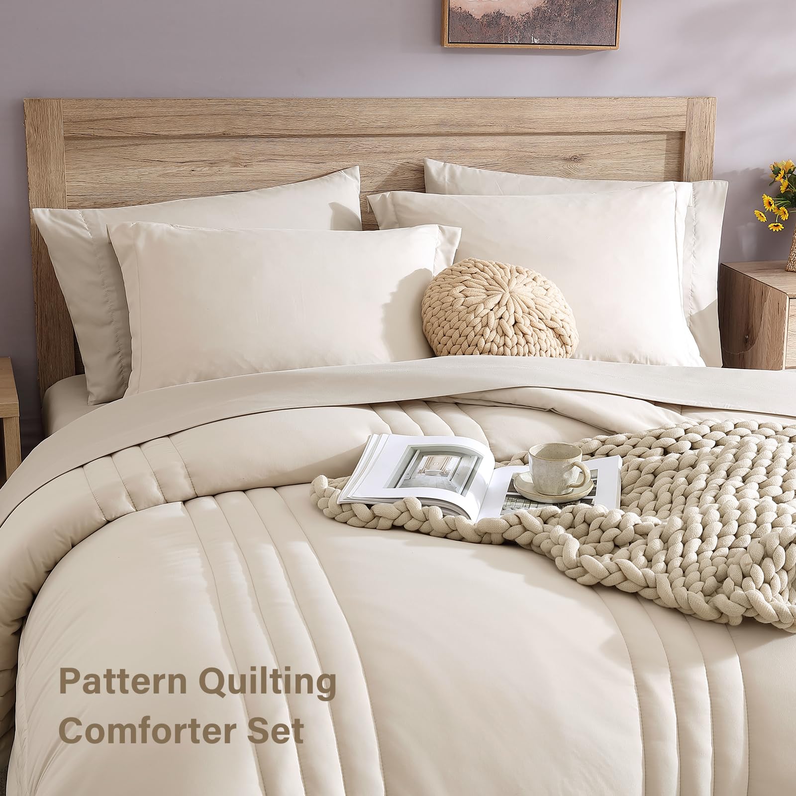 Monbix 7-Piece Full Comforter Set - Apricot Beige All Seasons Down Alternative Bedding | Includes Comforter, Sheets, Pillowcases & Shams | Perfect for Master Bedroom, Guest Room & Dorm Decor