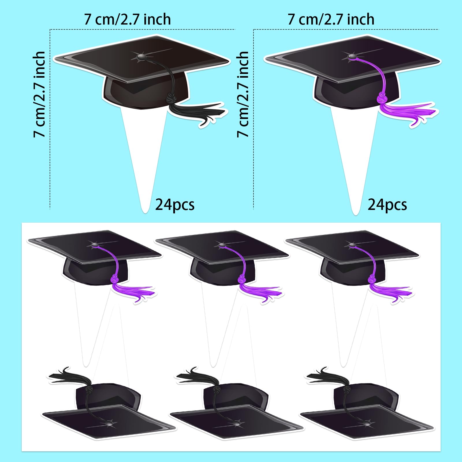 48Pcs Graduation Cap Cupcake Toppers - Black & Purple Tassel Decorations for Class of 2024 Graduation Cakes - Perfect for Graduation Parties, School Celebrations & Dessert Table Decor