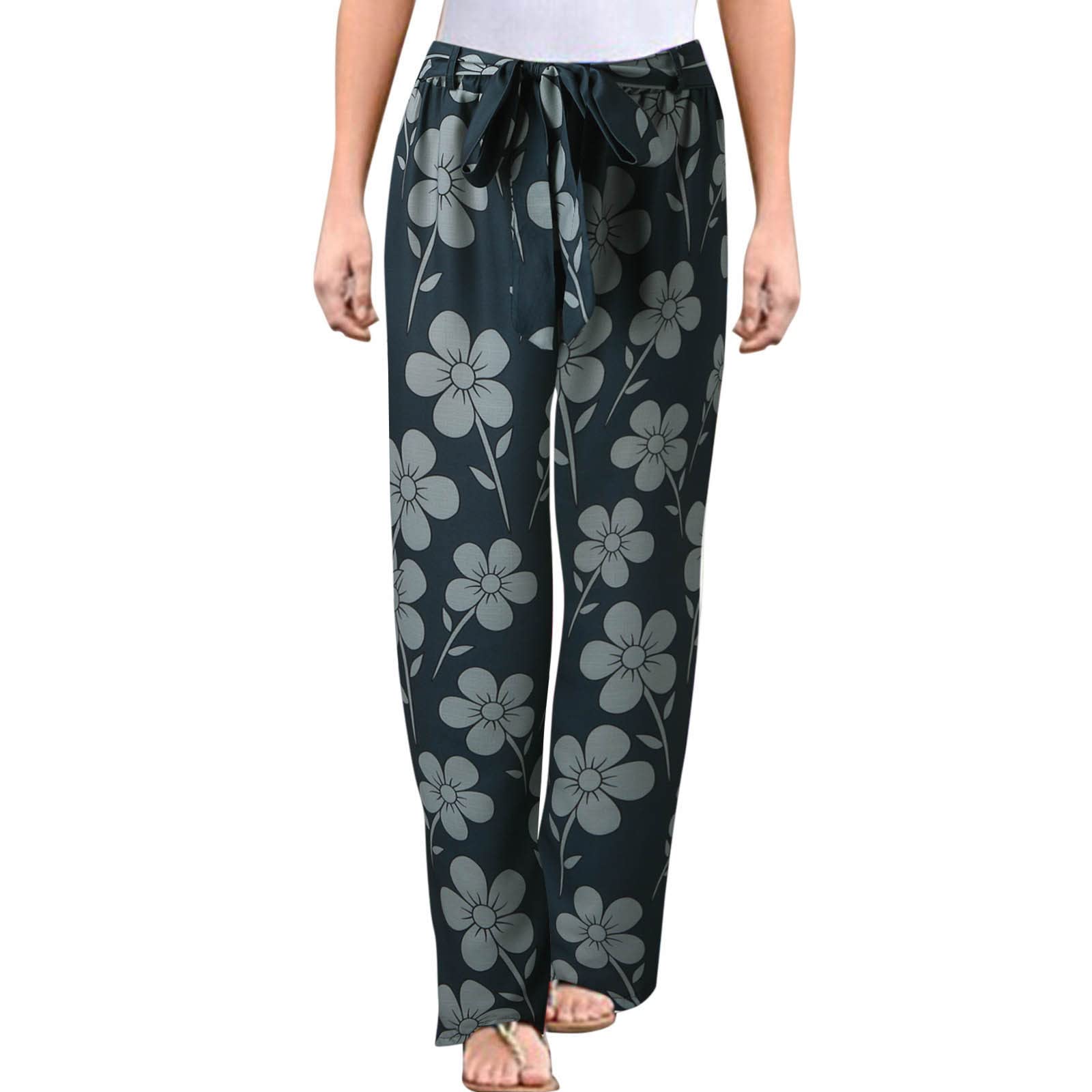Women's Wide Leg Palazzo Pants - Elastic Waist Comfortable Casual Trousers with Floral Print & Tie Detail - Perfect for Work, Travel and Everyday Wear