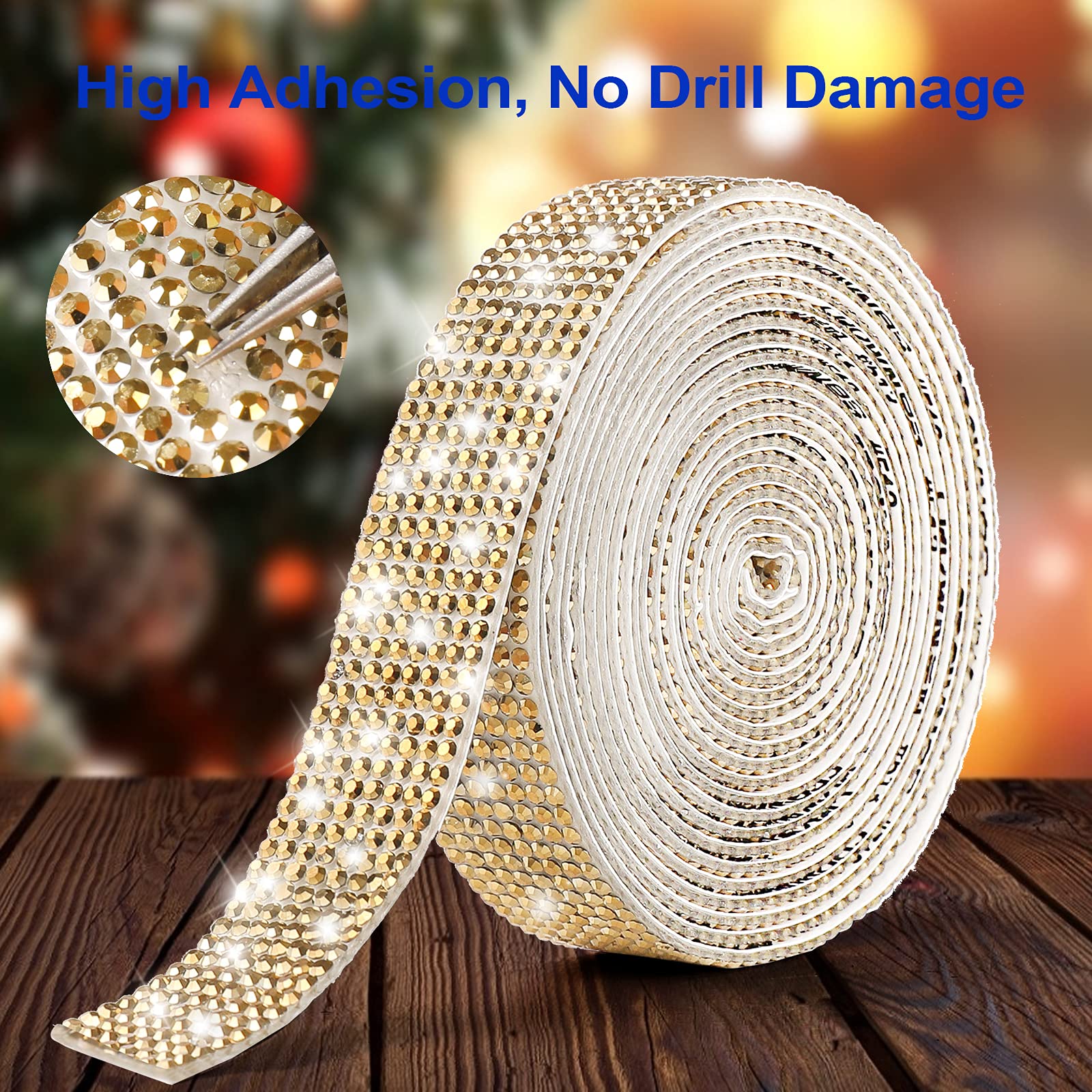 Self Adhesive Crystal Rhinestone Diamond Ribbon - Gold 2mm Rhinestone Decorative Sticker for Car, Phone, Nails, DIY Crafts (0.7