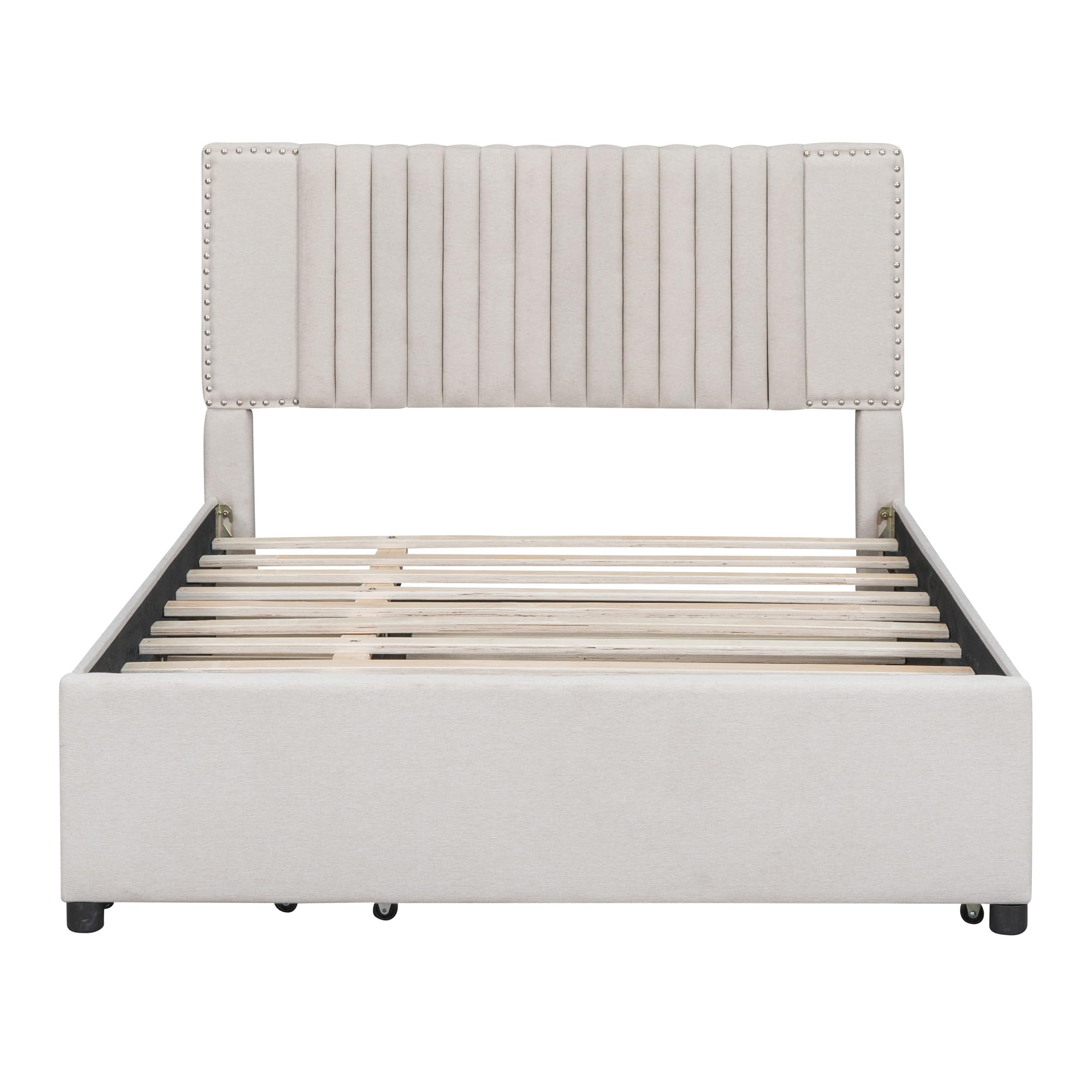 SOFTSEA Full Size Upholstered Platform Bed with Twin Trundle & Storage Drawers - Linen Fabric Bed Frame with Tufted Headboard & Nailhead Trim in Beige - Perfect for Guest Rooms, Small Spaces & Modern Bedroom Decor