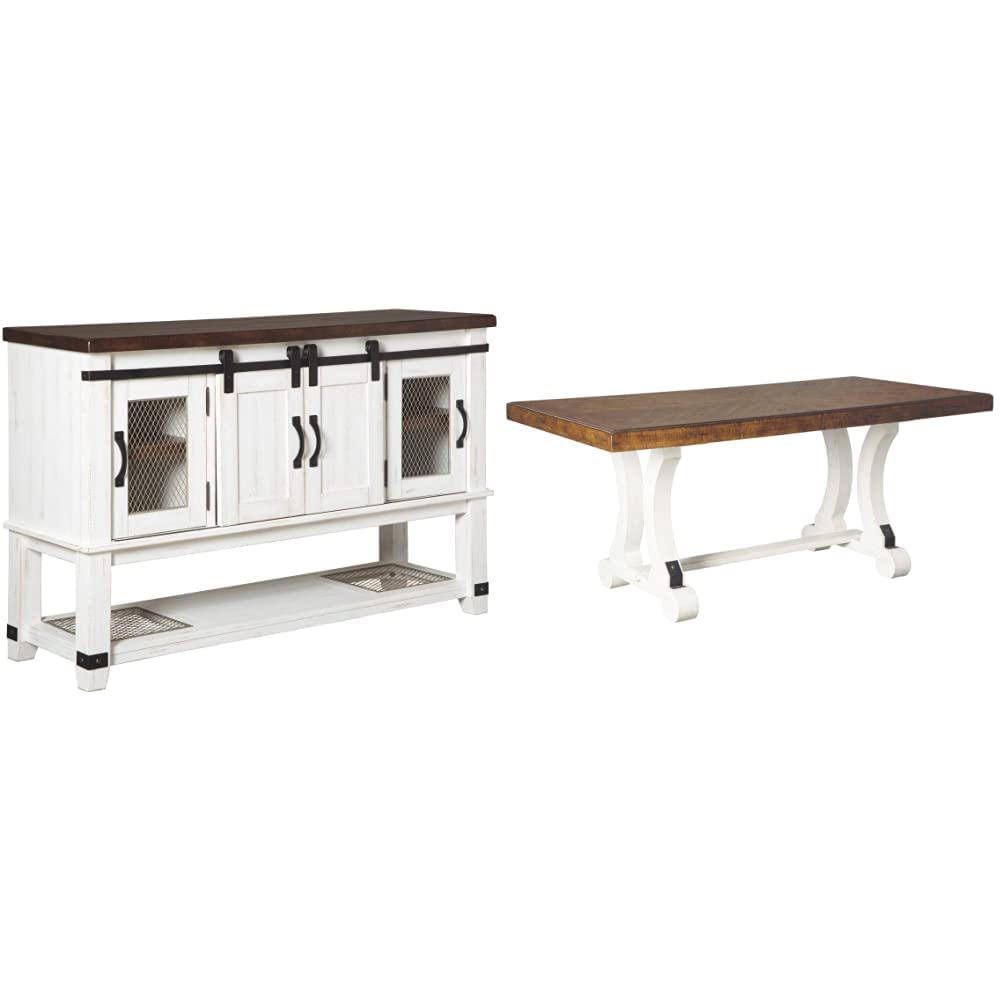 Ashley Valebeck Farmhouse Dining Room Buffet & Extension Dining Table Set - White & Brown Distressed Finish, Seats 8 - Rustic Farmhouse Style for Dining Room, Kitchen or Entertaining Space