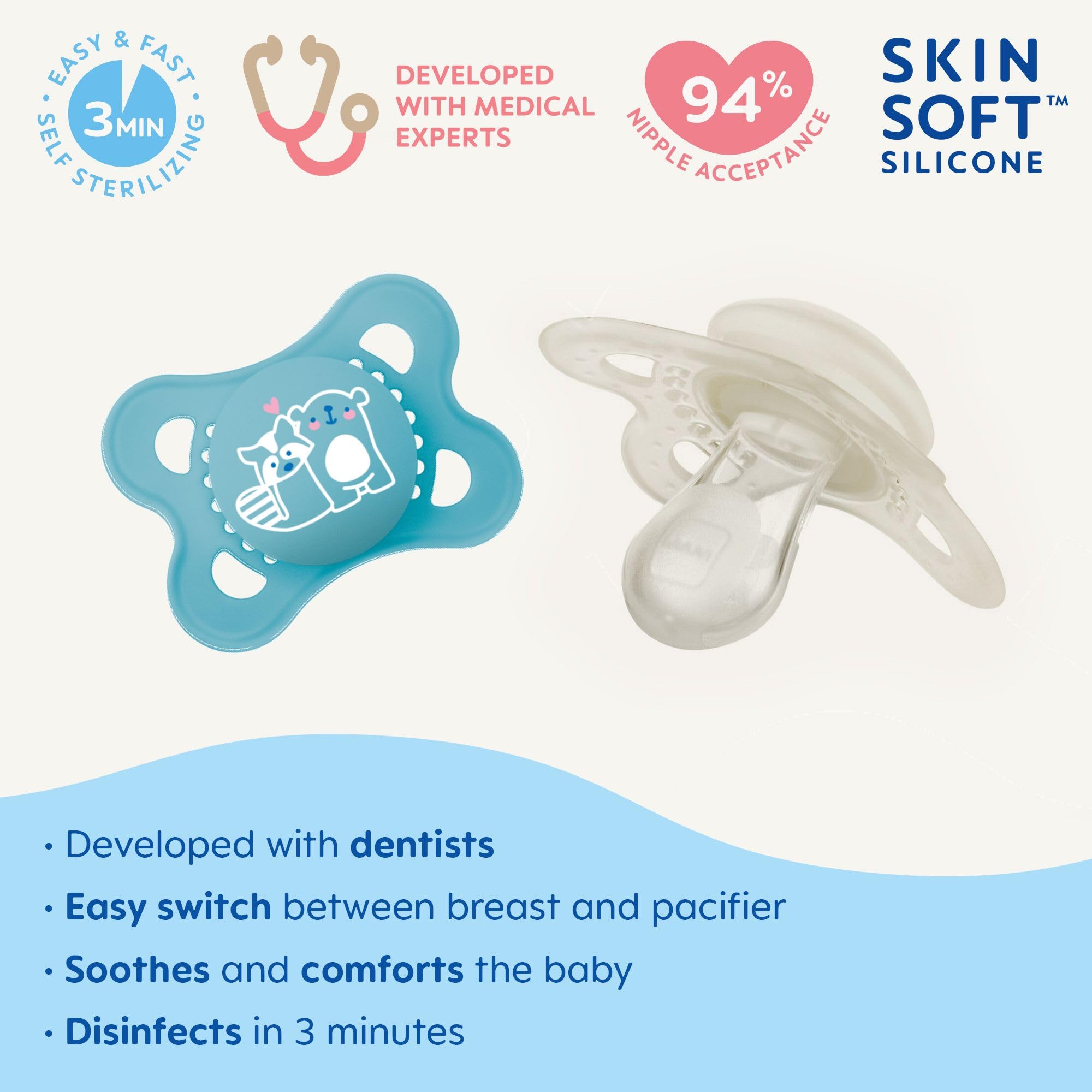 MAM Original Matte Baby Pacifiers for Boys 0-6 Months - BPA-Free Silicone Soothers with Sterilizer Case (2-Pack) - Pediatrician Recommended, Easy to Clean Newborn Pacifiers - Perfect for Daycare, Travel & Soothing Fussy Babies