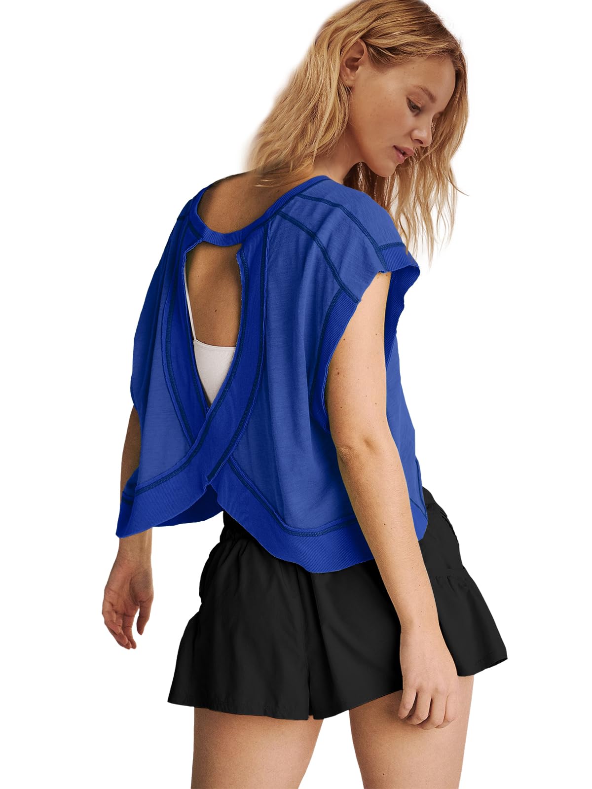Panadila Women's Open Back Workout Top - Oversized Athletic T-Shirt, Backless Yoga Shirt, Short Sleeve Baby Tee for Gym, Running & Casual Wear