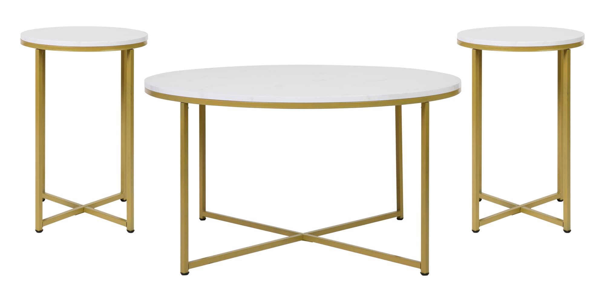 Flash Furniture Hampstead Collection 3-Piece Coffee & End Table Set - White Marbled Laminate Top with Matte Gold Crisscross Frame - Modern Living Room & Office Decor - Perfect for Coffee, Books & Display