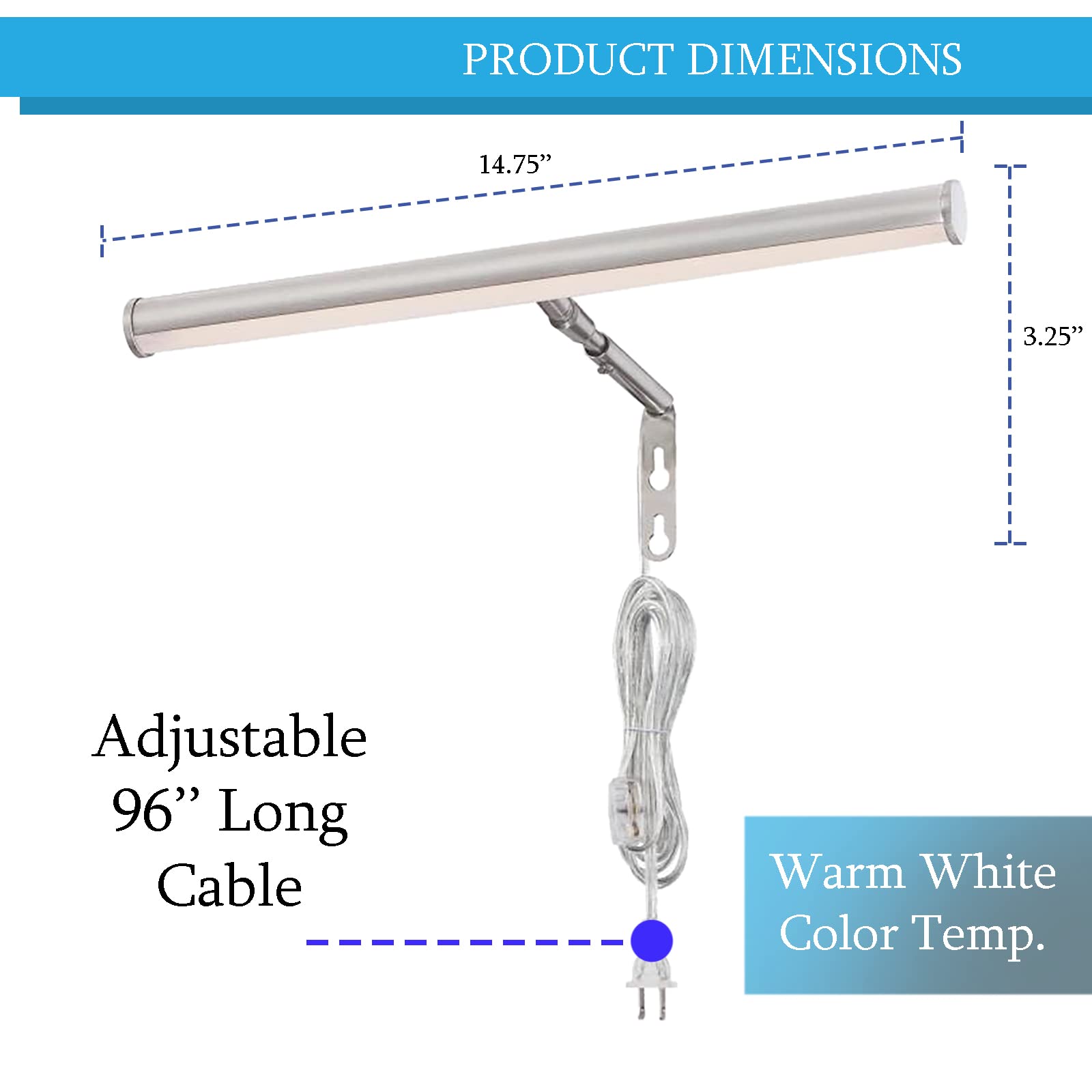 Ciata 14-Inch LED Picture Light for Wall Art - 3000K Warm White, 4W Adjustable Metal Frame Light with Inline On/Off Switch, 90+ CRI, Brushed Nickel Finish - Perfect for Galleries, Museums & Home Decor