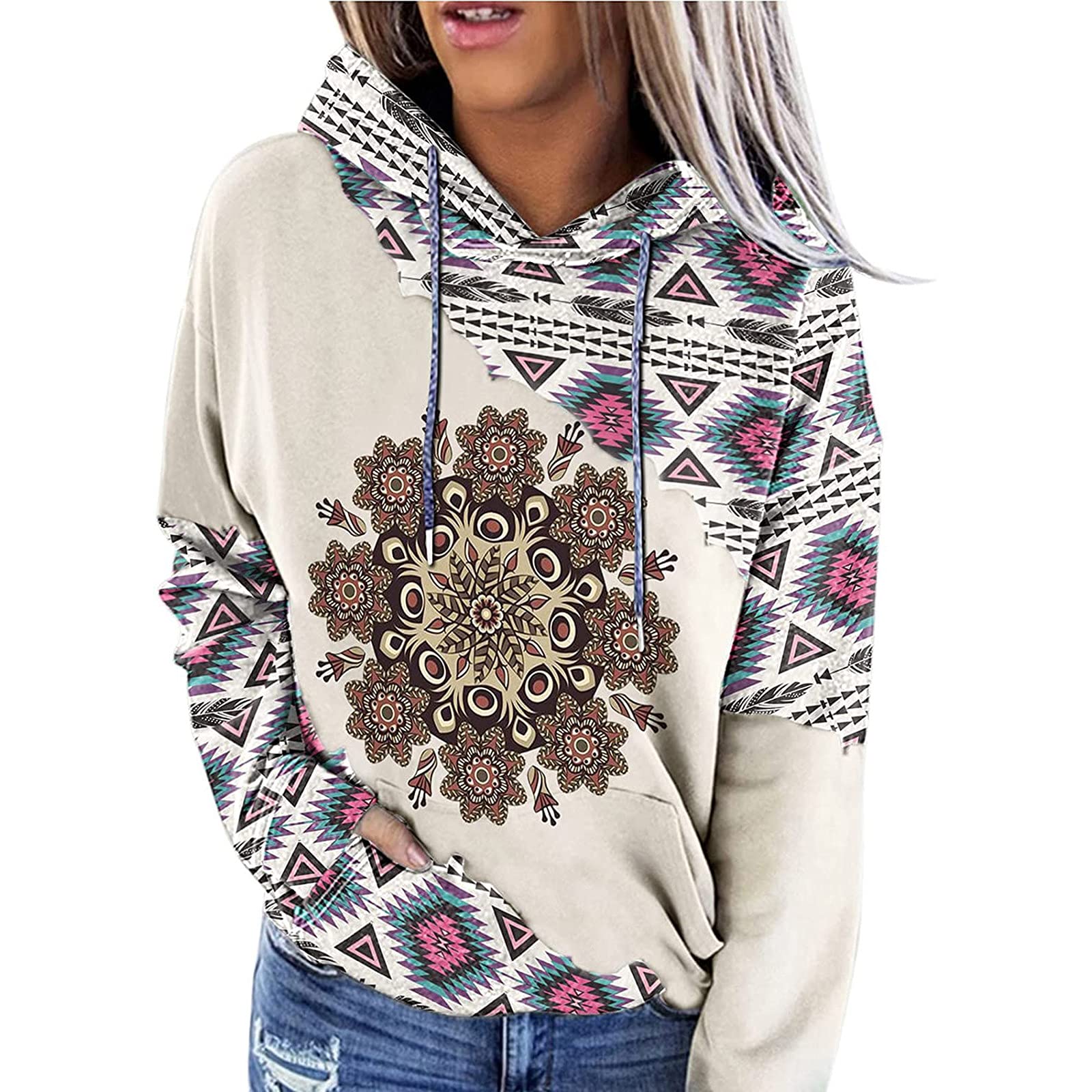 TARIENDY Women's Geometric Print Hoodie - Color Block Pullover Sweatshirt with Pocket, Long Sleeve Casual Tops for Spring & Fall | Perfect for Streetwear, College Fashion and Weekend Outfits