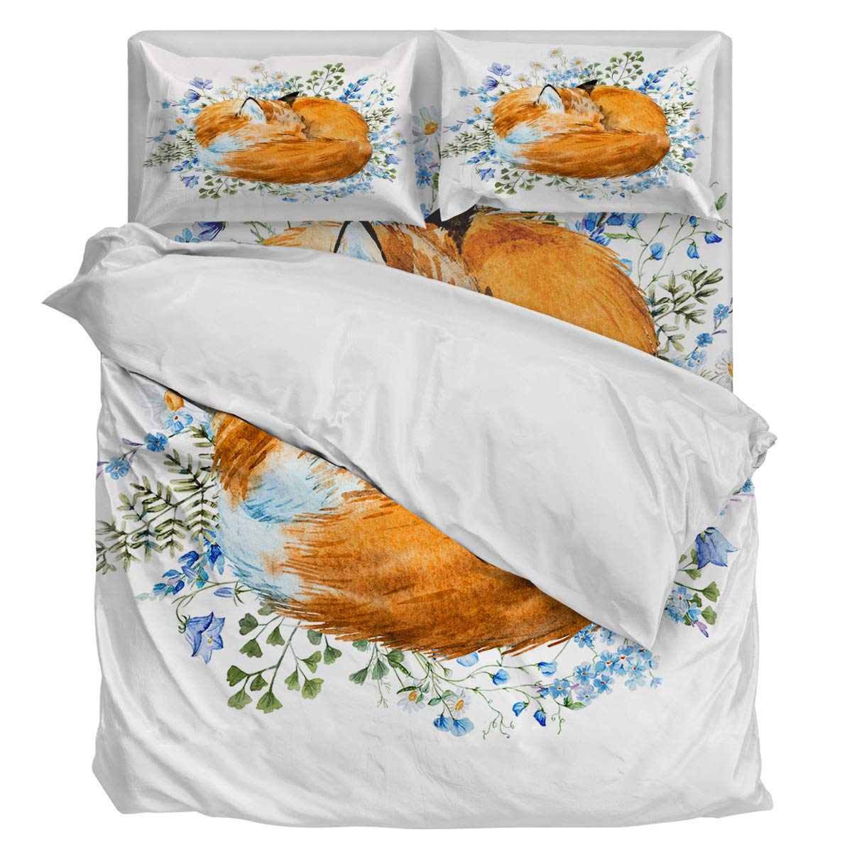Luxury 4-Piece Queen Size Duvet Cover Set - Soft Bedding Comforter Cover with 1 Duvet Cover, 1 Fitted Sheet & 2 Pillowcases - Fox Sleeping in Flowers Design - Perfect for Master Bedroom, Guest Room & Cozy Home Decor