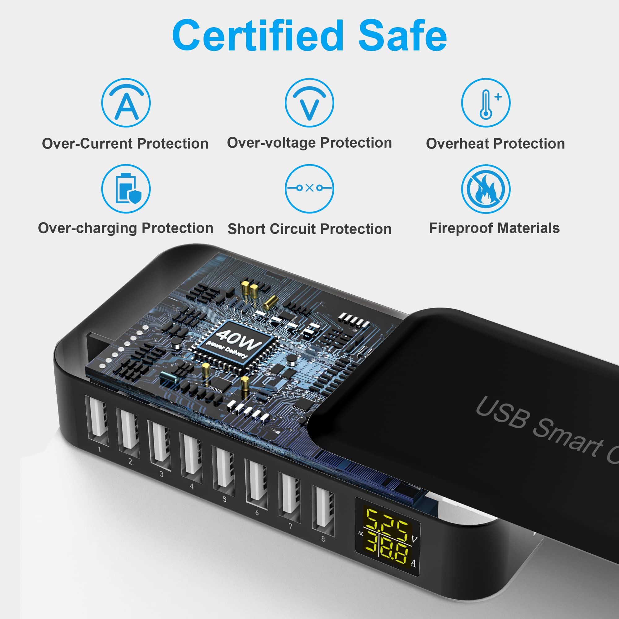 8-Port USB Charging Station with LED Display - Fast Multi USB Wall Charger Hub for iPhone 15/14/13 Pro Max/12/11/Xs/8/Plus, iPad, Samsung Galaxy S21/S20, Pixel 6 - Perfect for Home, Office & Travel Charging Needs