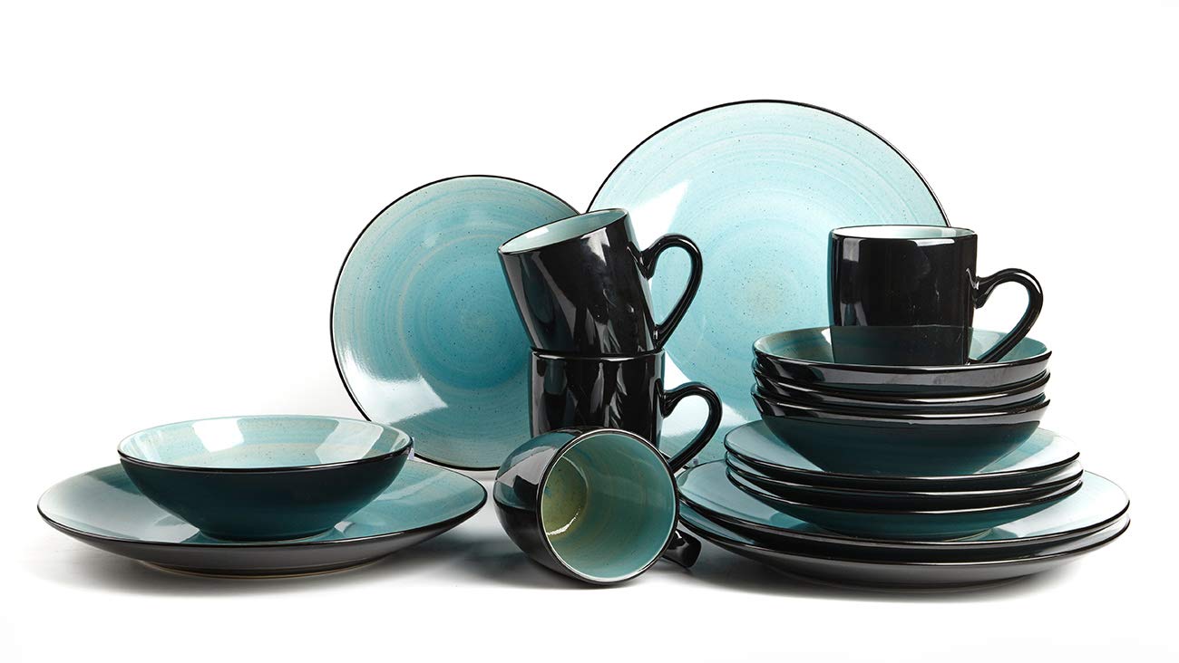 Stoneware Sonoma Dinnerware Set - Black & Speckled Spin Wash Turquoise Plates, Bowls & Mugs | Elegant Dinnerware for Restaurants, Weddings & Everyday Dining
