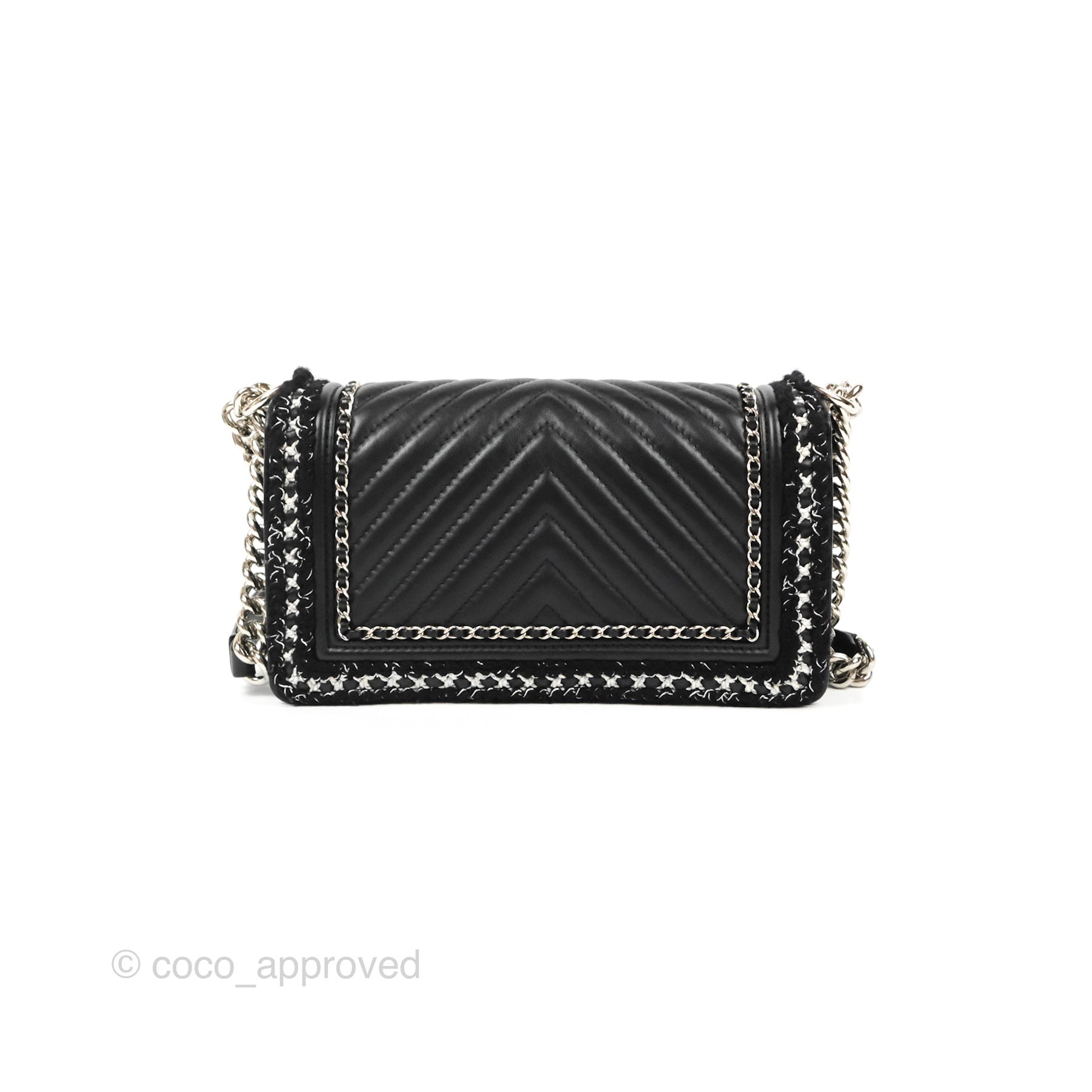 Chanel Chevron Braid Around Chain Boy Bag - Black Calfskin Leather with Silver Hardware | Luxury Crossbody Bag for Women, Perfect for Date Night & Evening Events