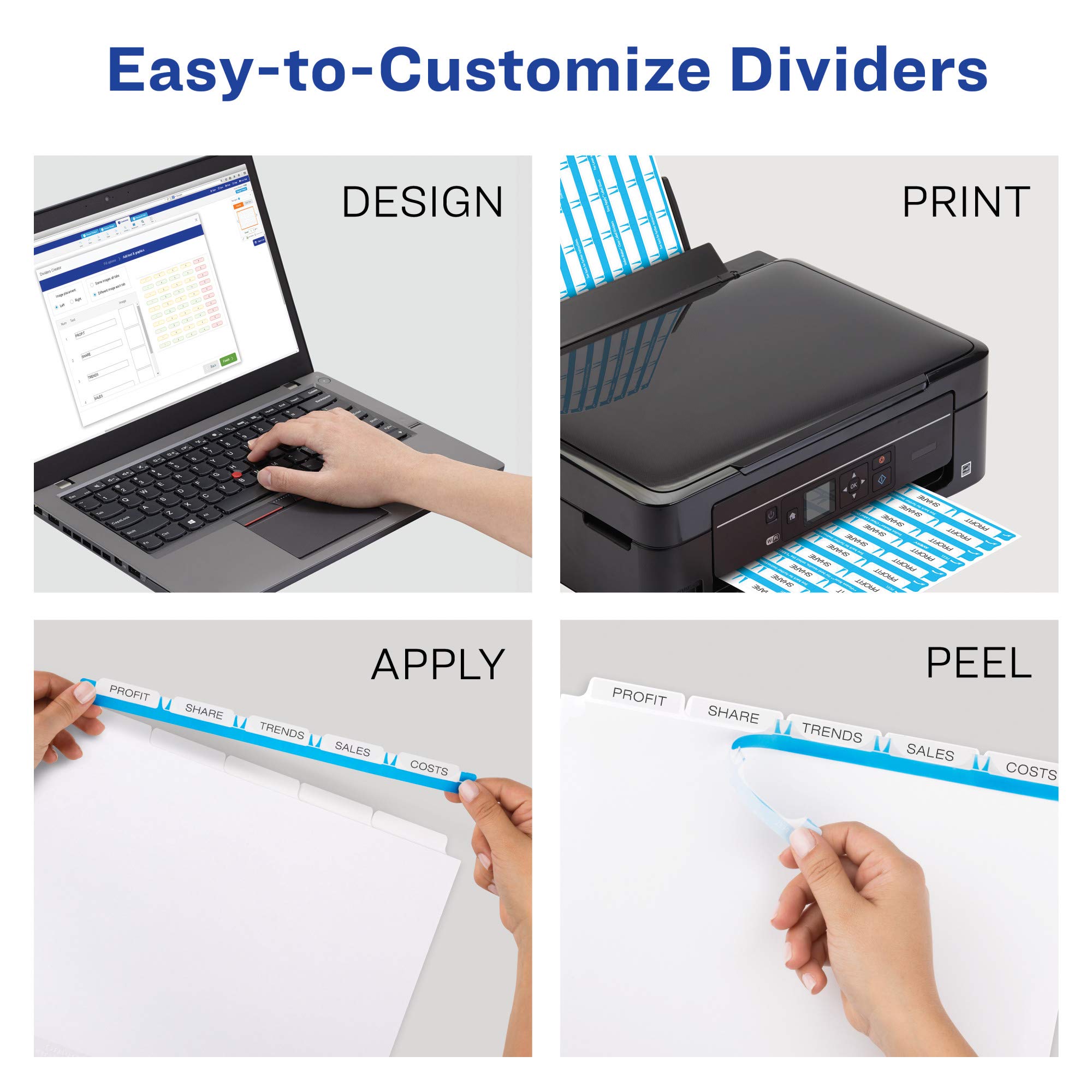 Avery 5-Tab Dividers for 3-Ring Binder - Easy Print & Apply Clear Label Strips - Customizable White Index Tabs - 50 Sets (11556) - Perfect for Office Organization, School Projects, and Document Filing