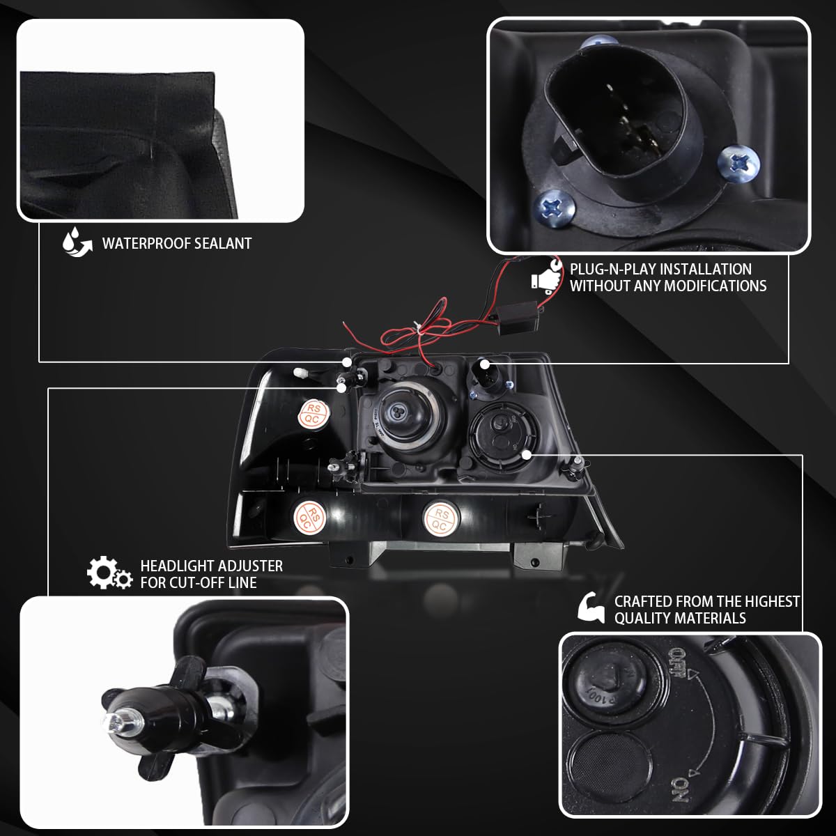 Autozensation Black Smoke Halo Projector Headlights + Corner Signal Lights Pair - Compatible with 1998-2000 Ford Ranger | Upgrade for Off-Road & Night Driving