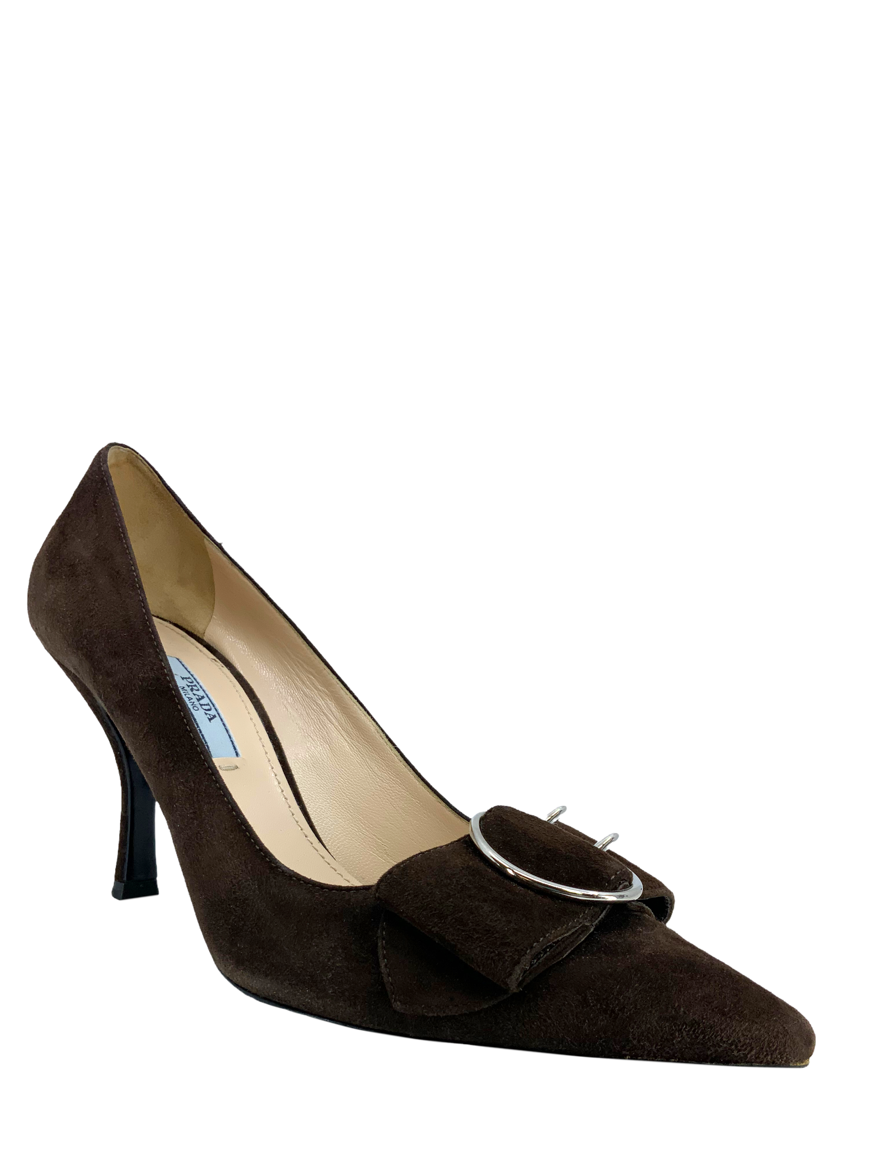 Prada Suede Buckle Pointed Toe Heels Women's Size 6.5 - Elegant Dress Shoes for Office, Party & Special Occasions